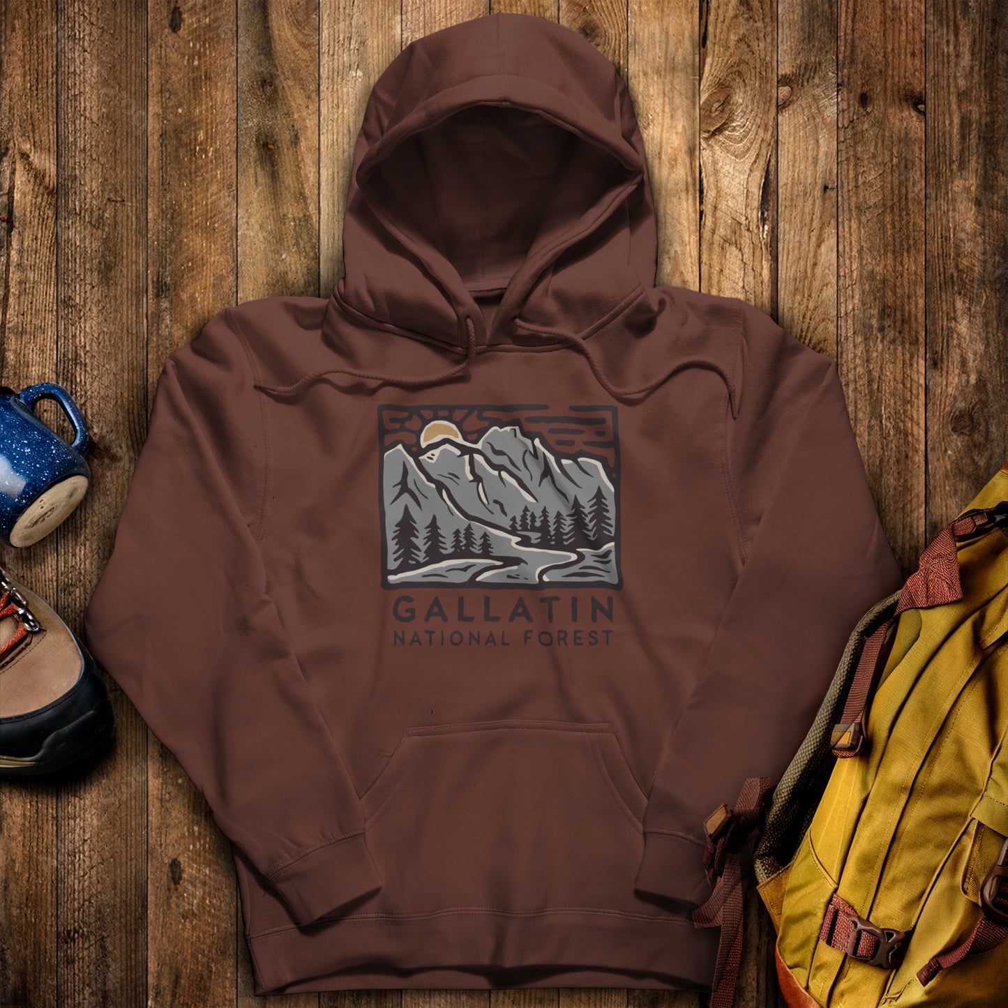 Gallatin National Forest Hoodie Cocoa Adventure and Outdoors Themed Hoodie