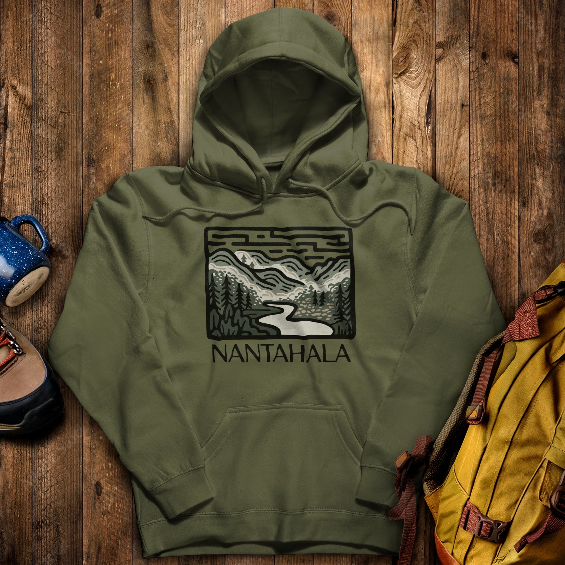 Nantahala National Forest Hoodie Military Green Adventure and Outdoors Themed Hoodie
