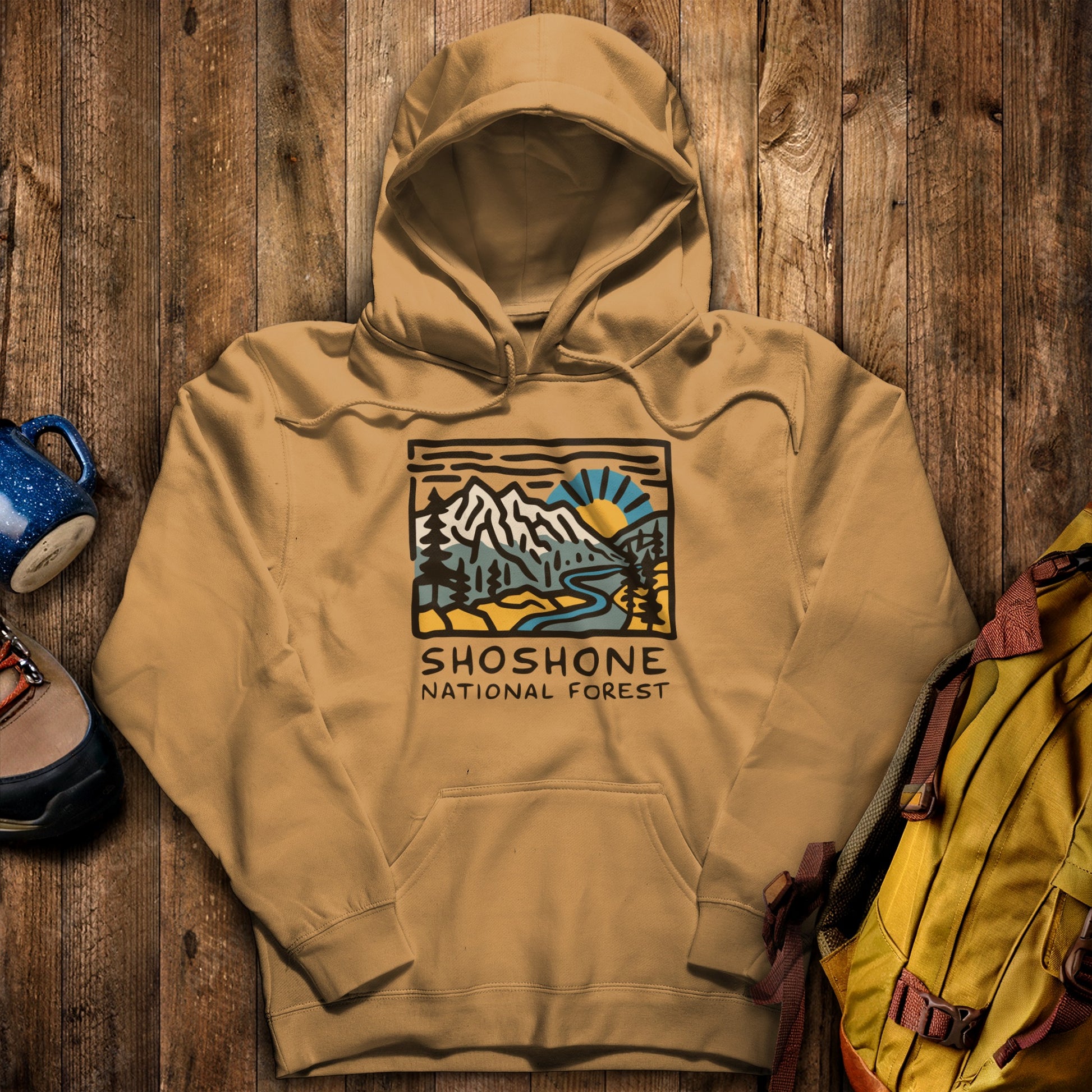 Shoshone National Forest Hoodie Mustard Adventure and Outdoors Themed Hoodie
