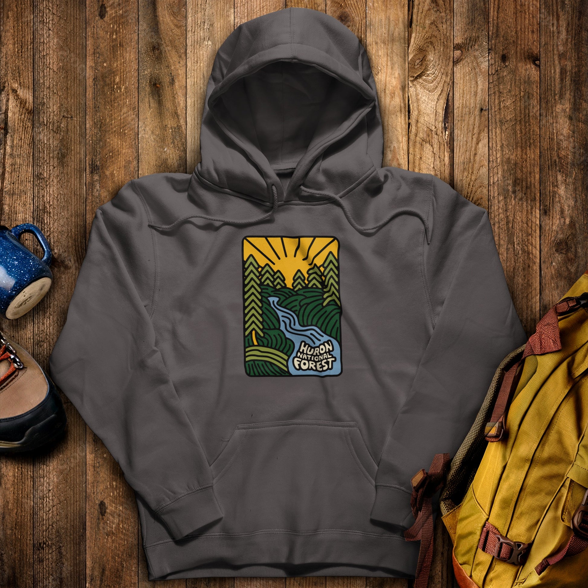 Huron National Forest Hoodie Charcoal Adventure and Outdoors Themed Hoodie