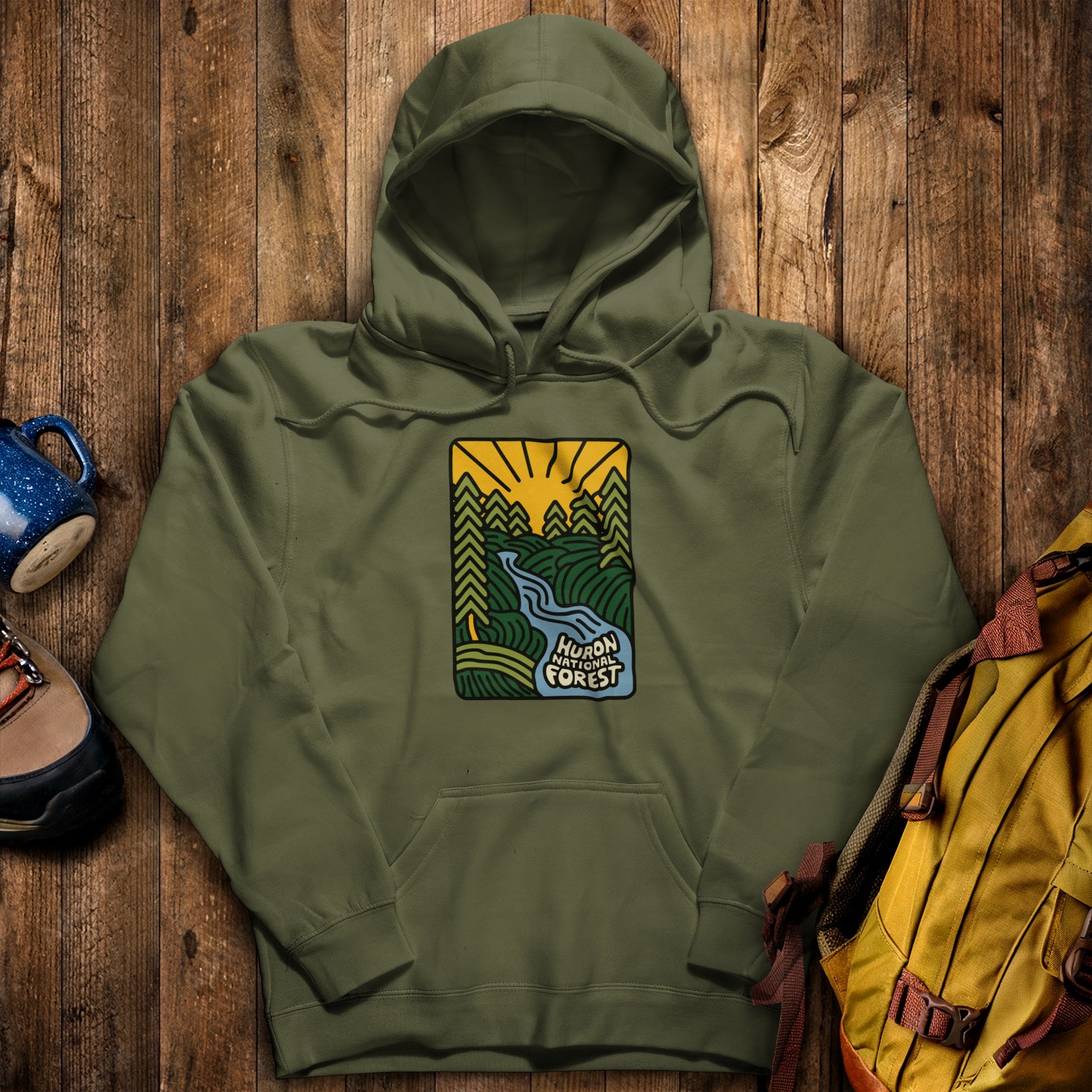 Huron National Forest Hoodie Military Green Adventure and Outdoors Themed Hoodie