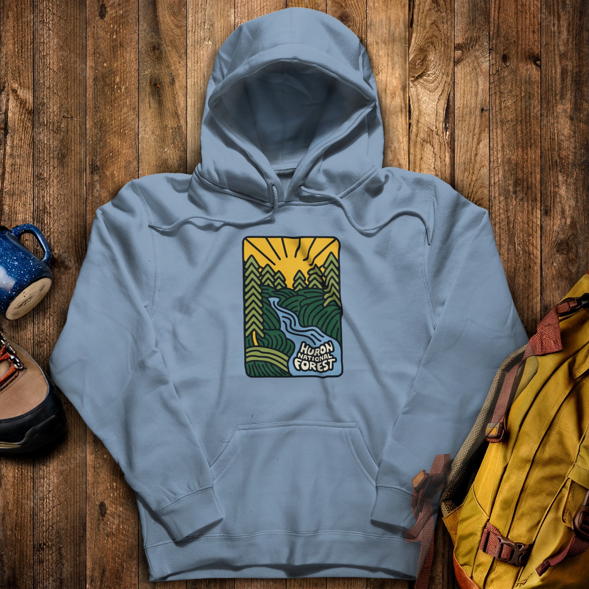 Huron National Forest Hoodie Stone Blue Adventure and Outdoors Themed Hoodie