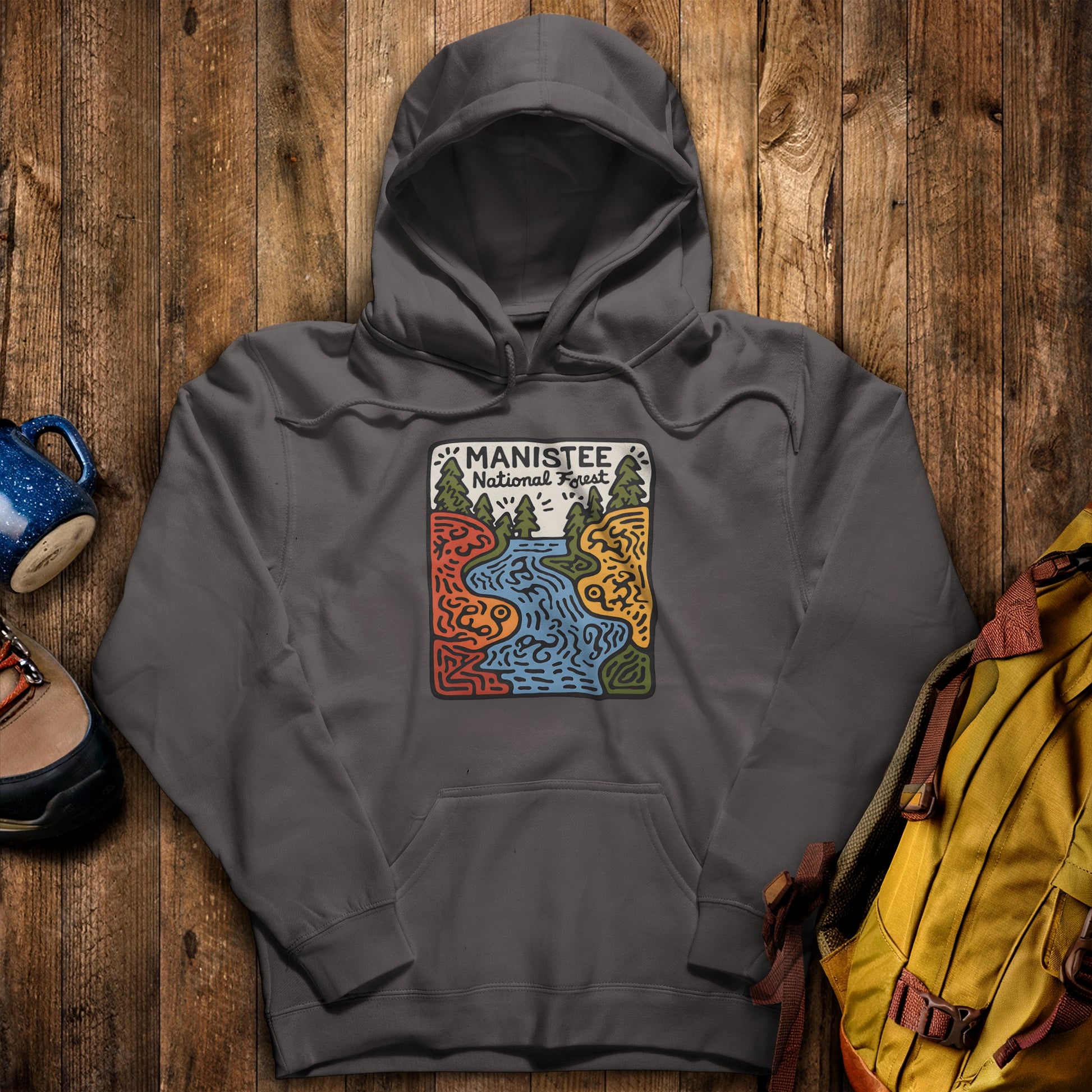 Manistee National Forest Hoodie Charcoal Adventure and Outdoors Themed Hoodie