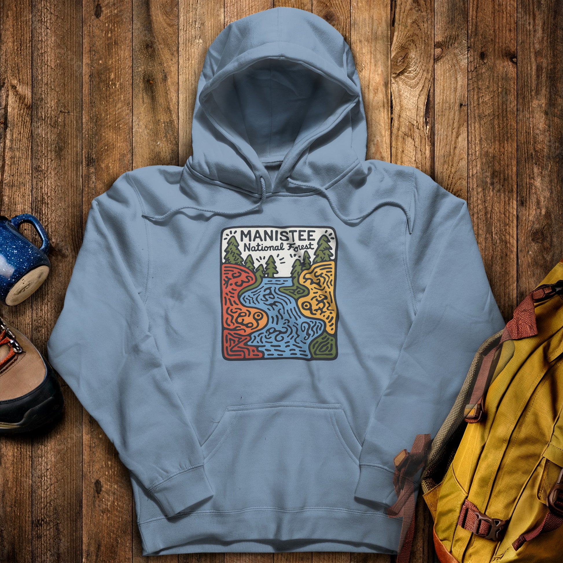 Manistee National Forest Hoodie Stone Blue Adventure and Outdoors Themed Hoodie
