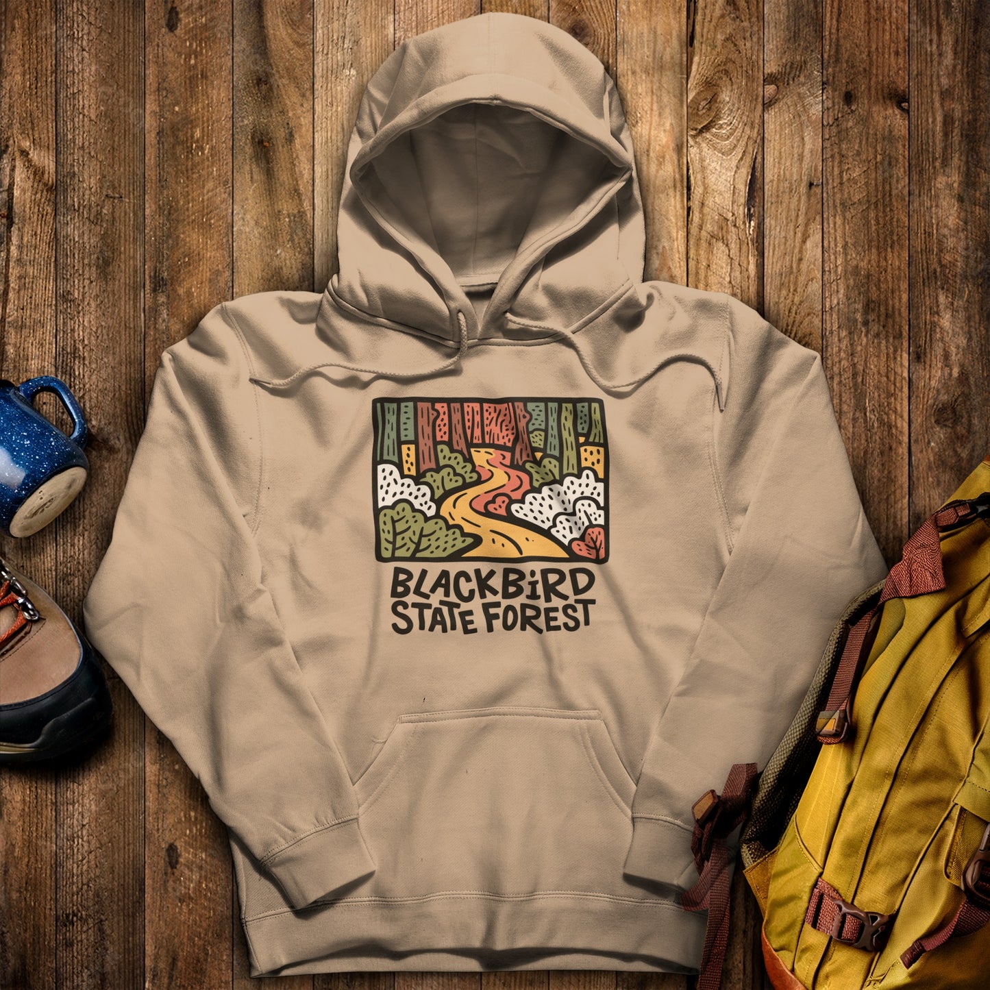 Blackbird State Forest Hoodie Sand Adventure and Outdoors Themed Hoodie