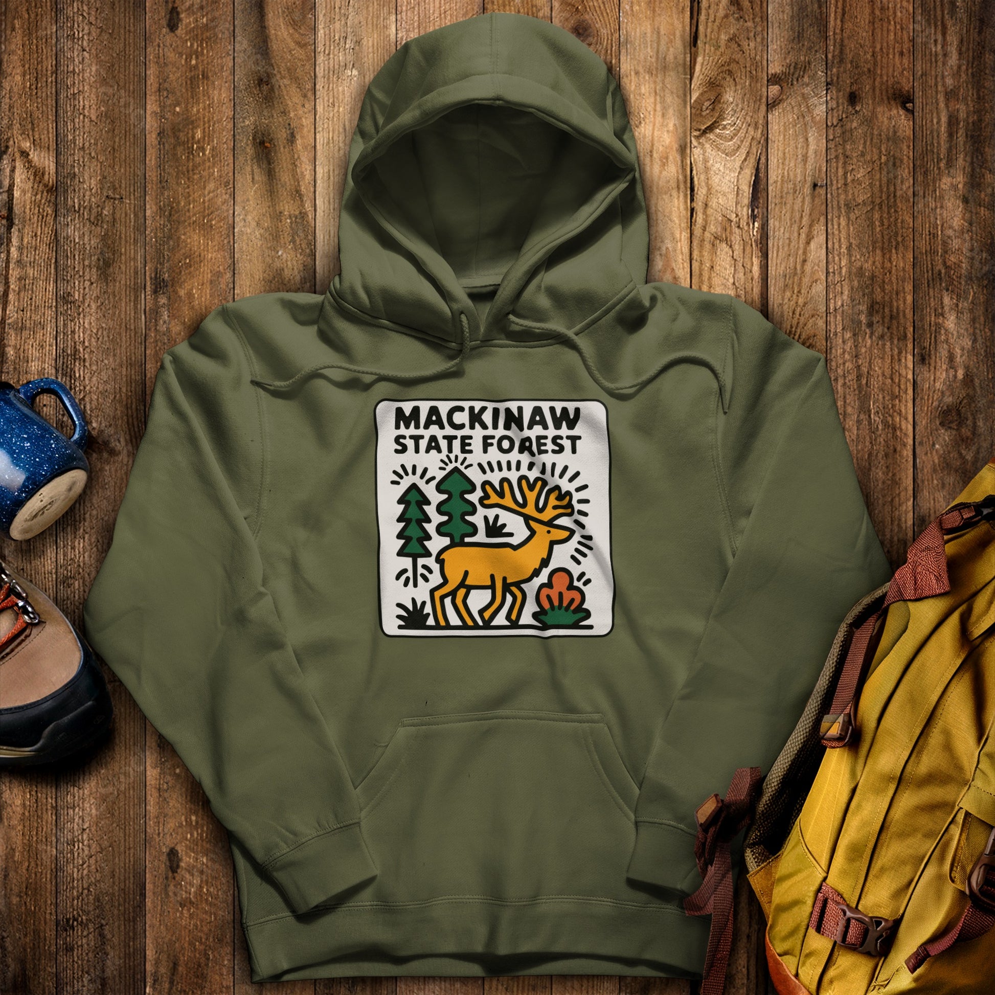 Mackinaw State Forest Hoodie Military Green Adventure and Outdoors Themed Hoodie