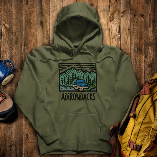 Adirondack Mountains Hoodie Military Green Adventure and Outdoors Themed Hoodie