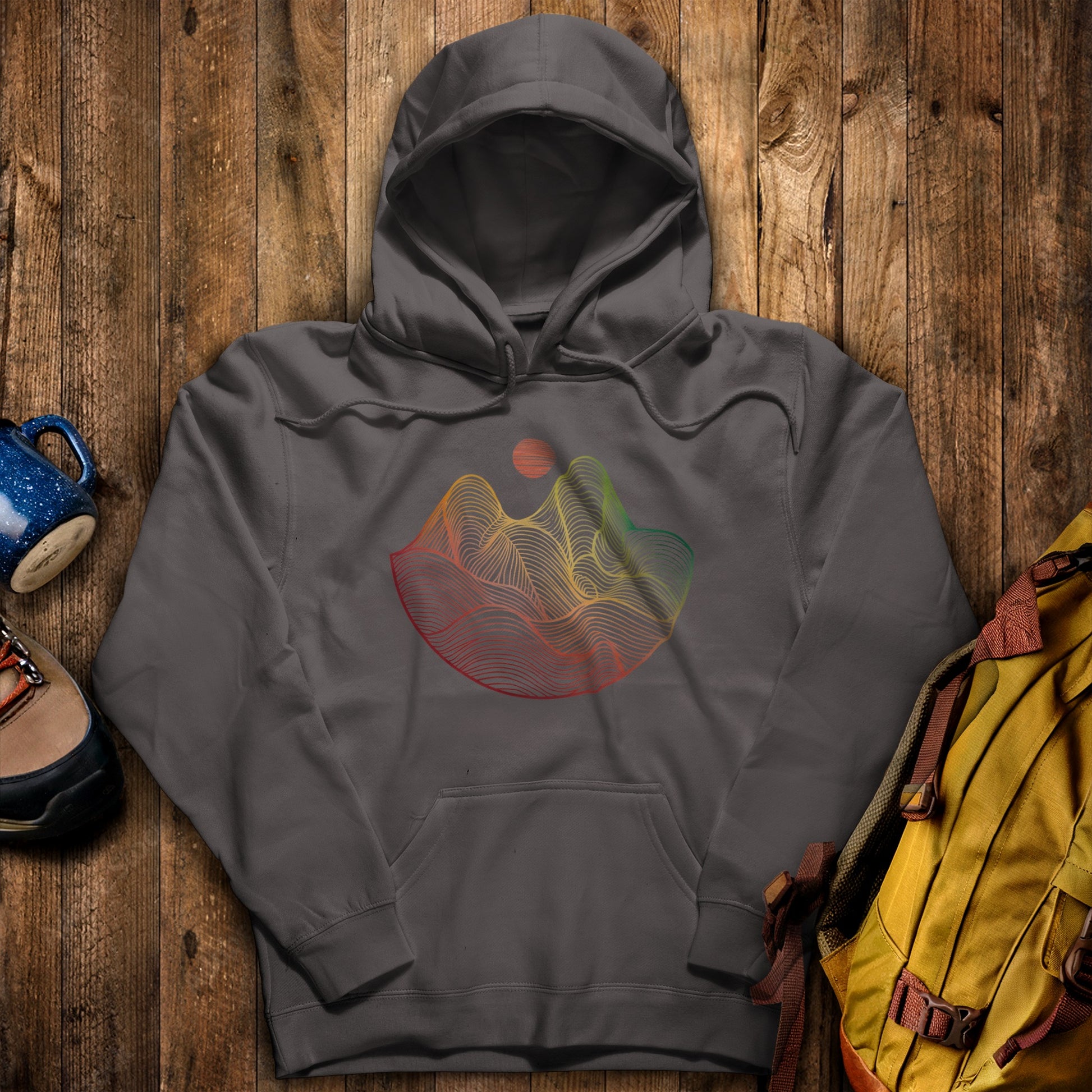 Mountain Sunset Woodblock Hoodie Charcoal Adventure and Outdoors Themed Hoodie