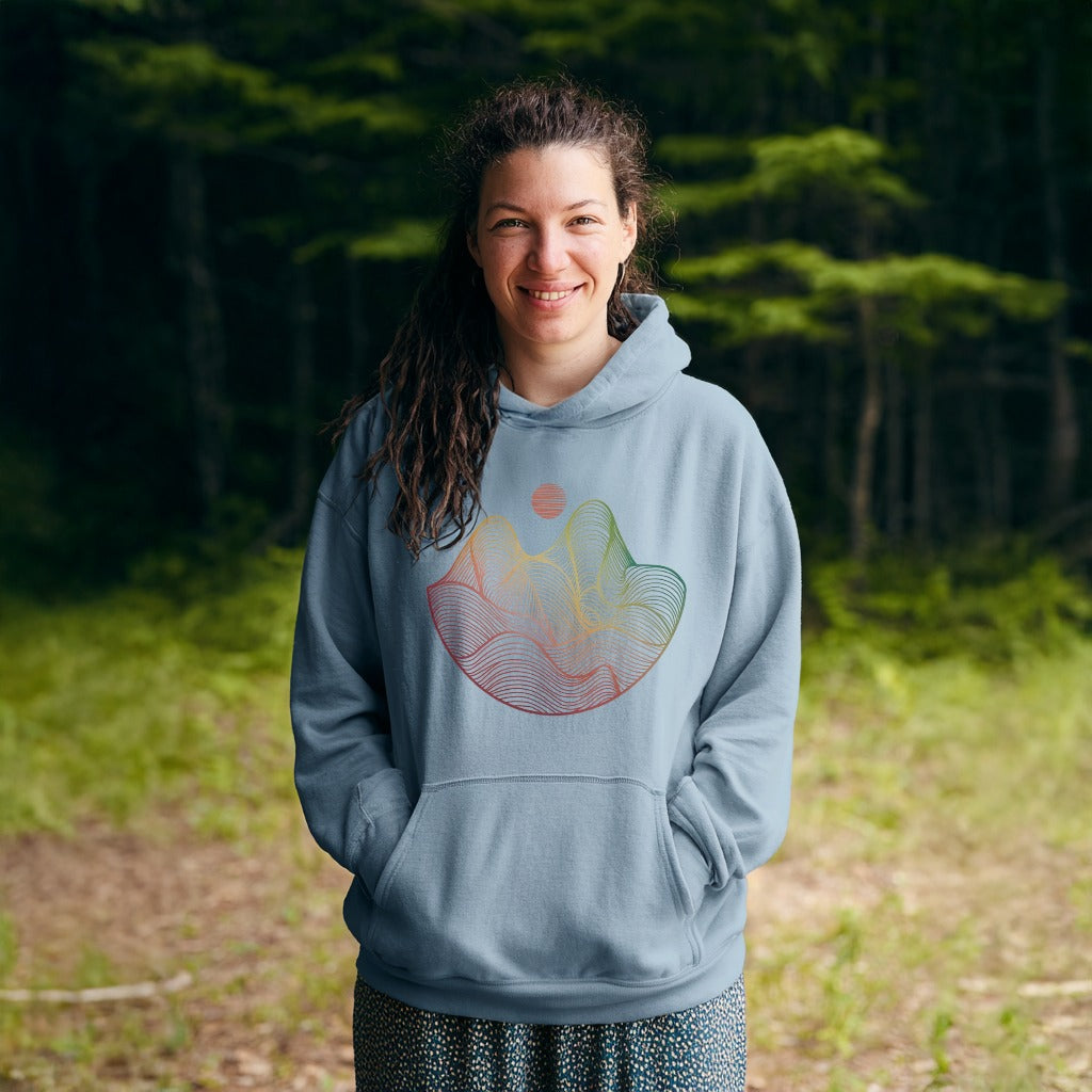 Mountain Sunset Woodblock Hoodie Adventure and Outdoors Themed Hoodie