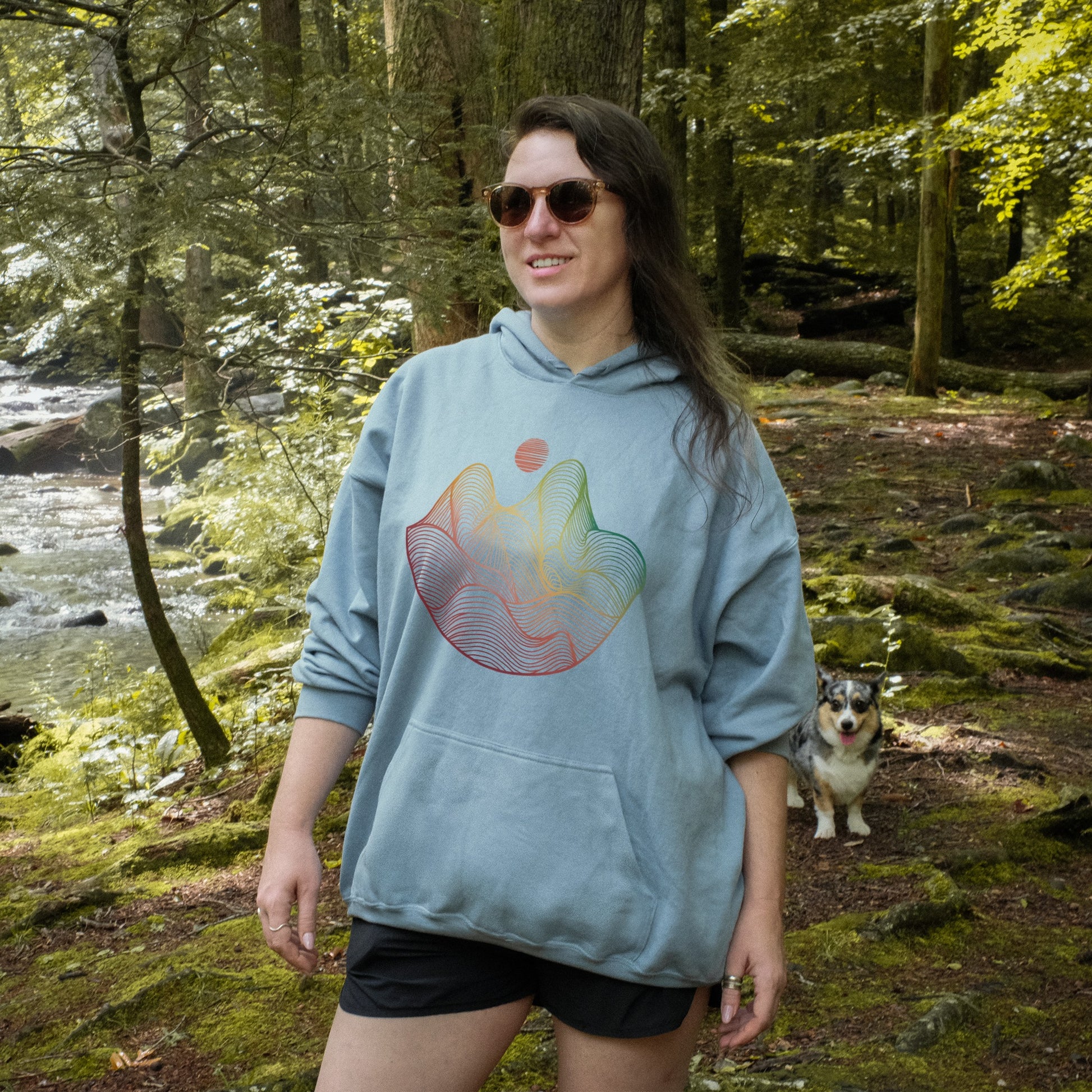 Mountain Sunset Woodblock Hoodie Adventure and Outdoors Themed Hoodie