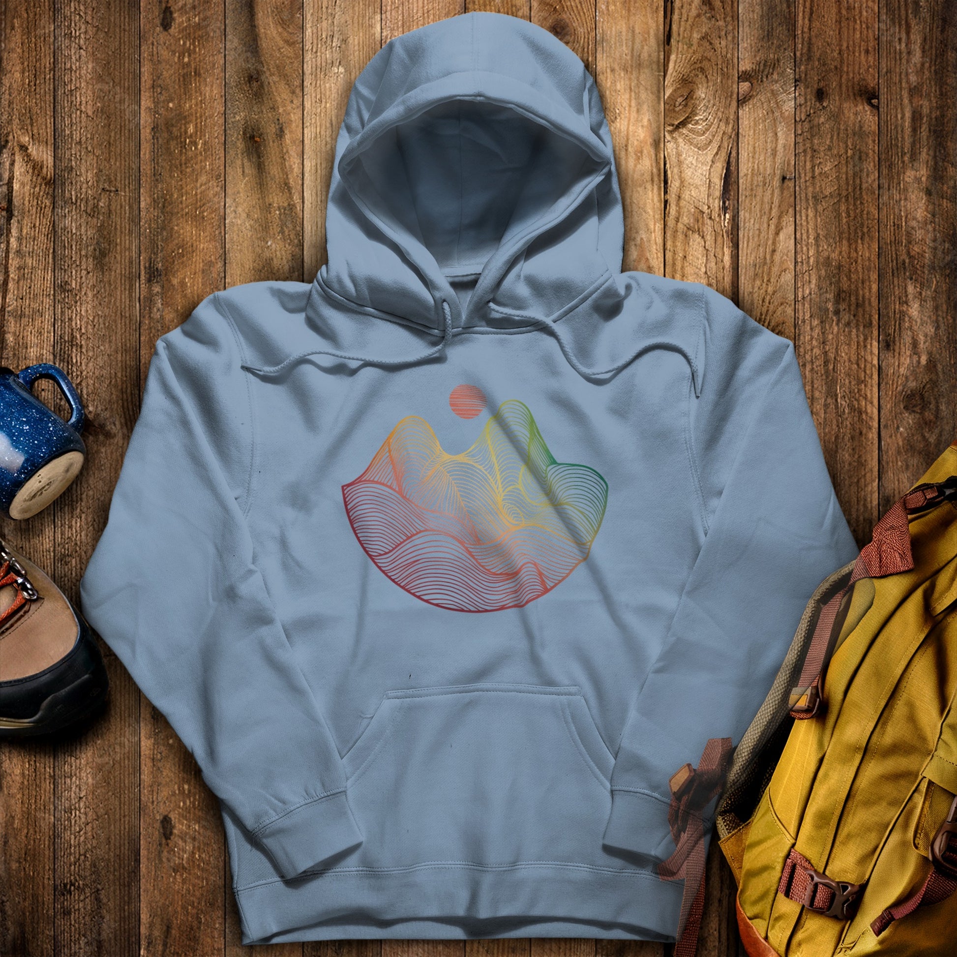 Mountain Sunset Woodblock Hoodie Stone Blue Adventure and Outdoors Themed Hoodie