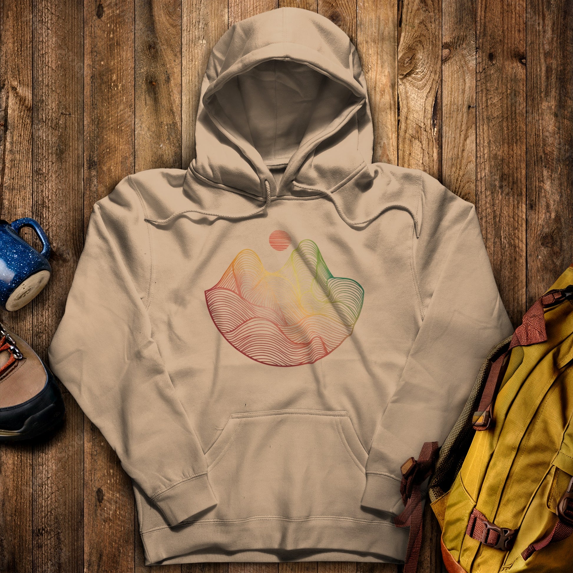 Mountain Sunset Woodblock Hoodie Sand Adventure and Outdoors Themed Hoodie