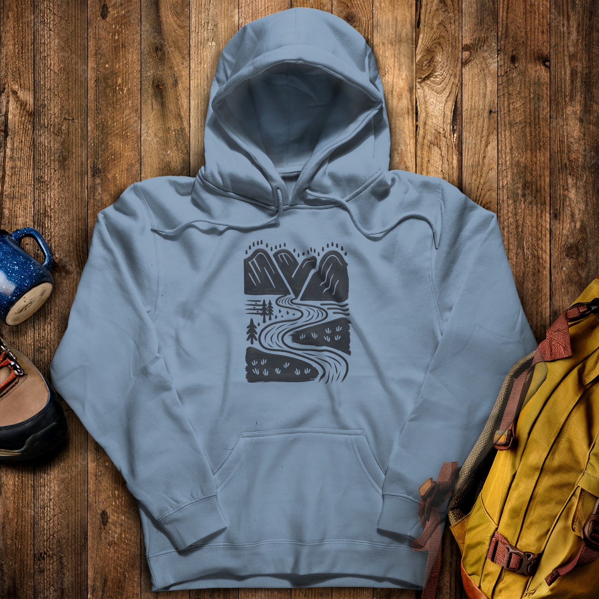 Valley Trails Hoodie Stone Blue Adventure and Outdoors Themed Hoodie