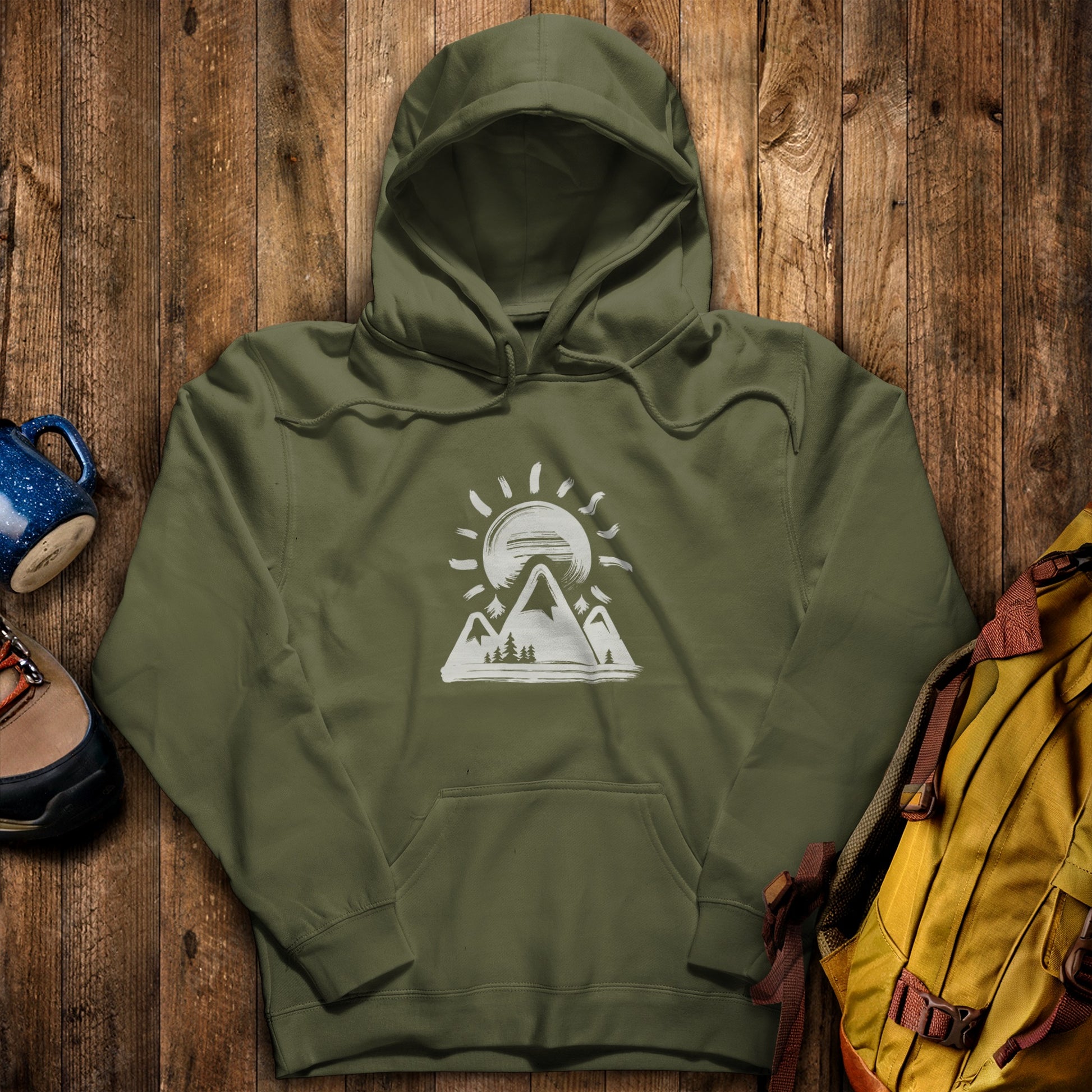 Summit Sunrise Painting Hoodie Military Green Adventure and Outdoors Themed Hoodie
