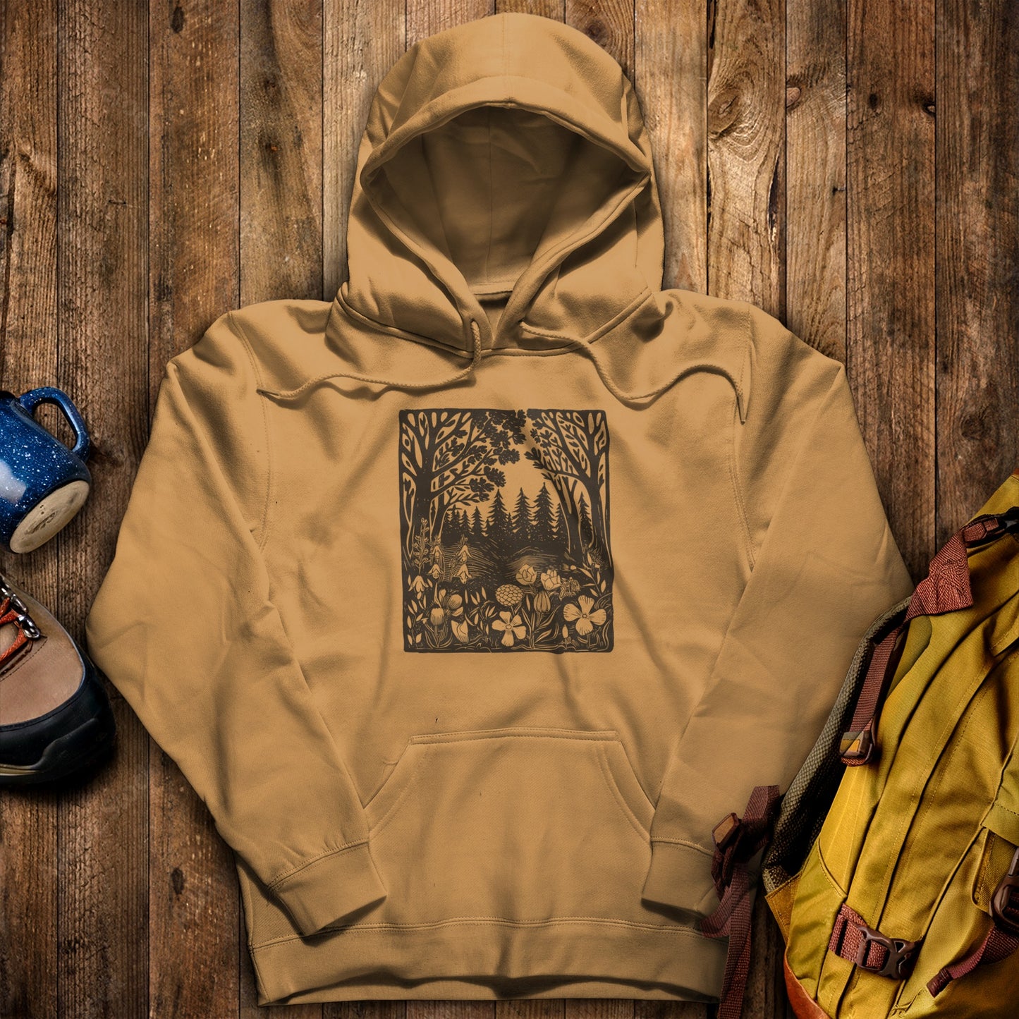 Forest Bloom Hoodie Mustard Adventure and Outdoors Themed Hoodie