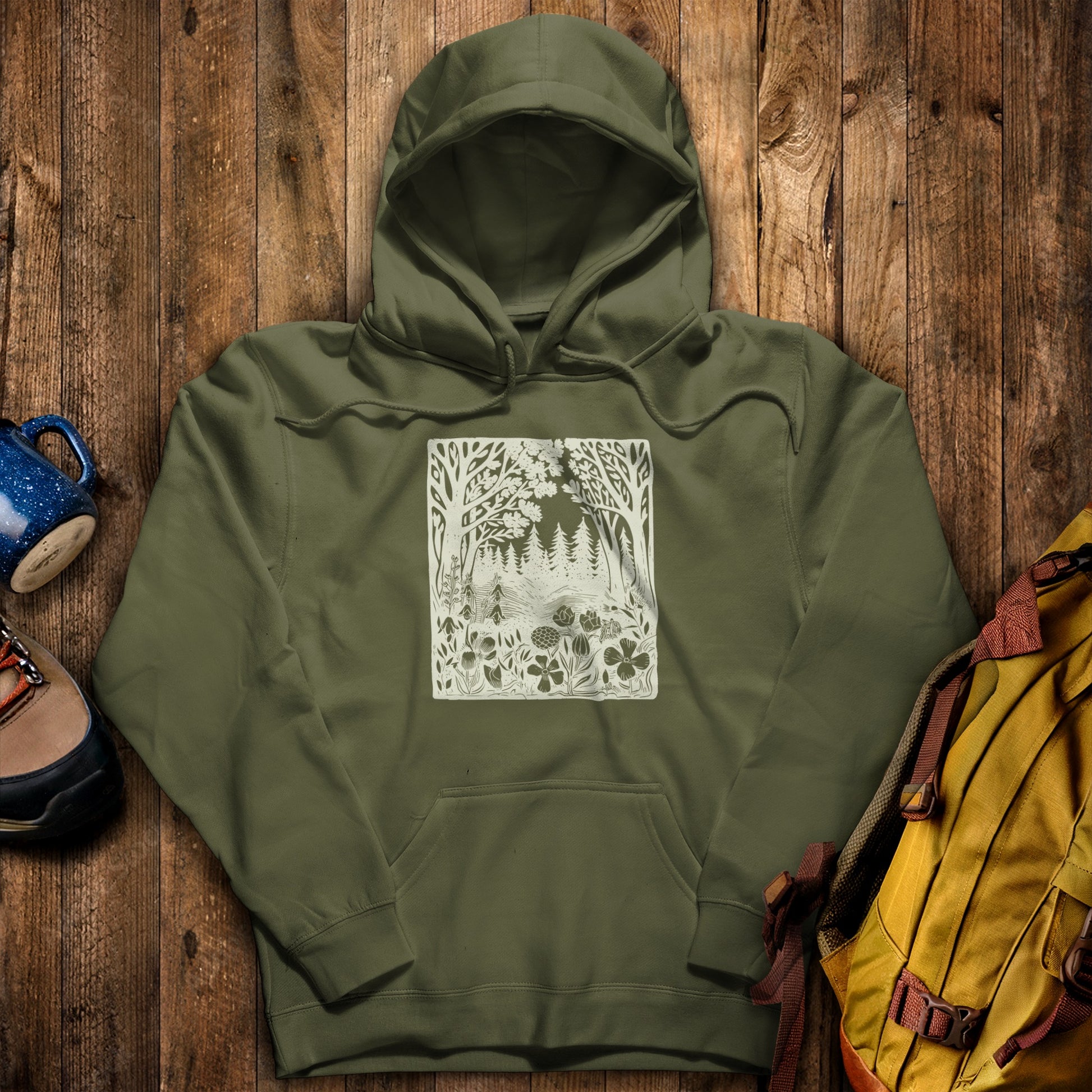 Forest Bloom Hoodie Military Green Adventure and Outdoors Themed Hoodie