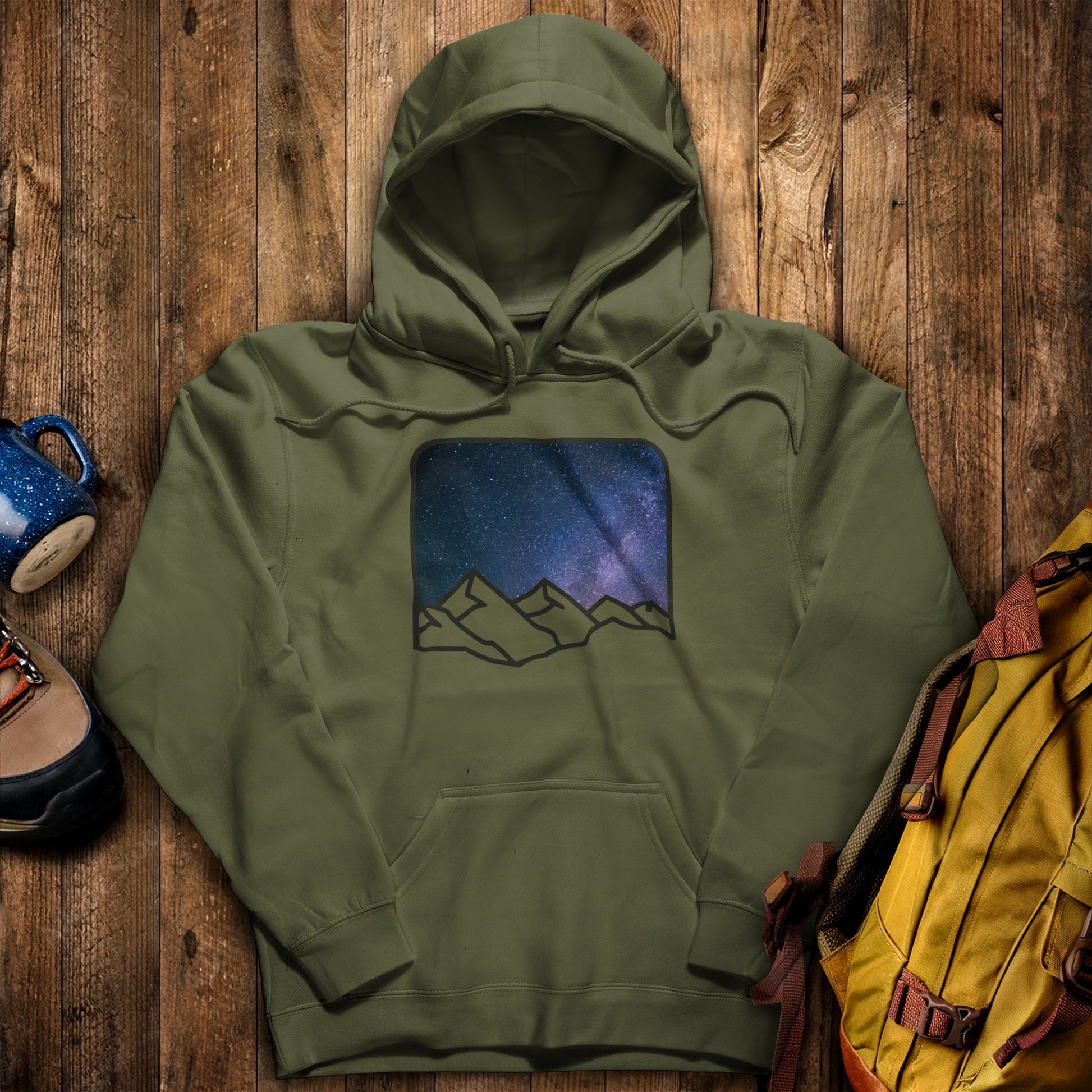 Starry Peaks Hoodie Military Green Adventure and Outdoors Themed Hoodie