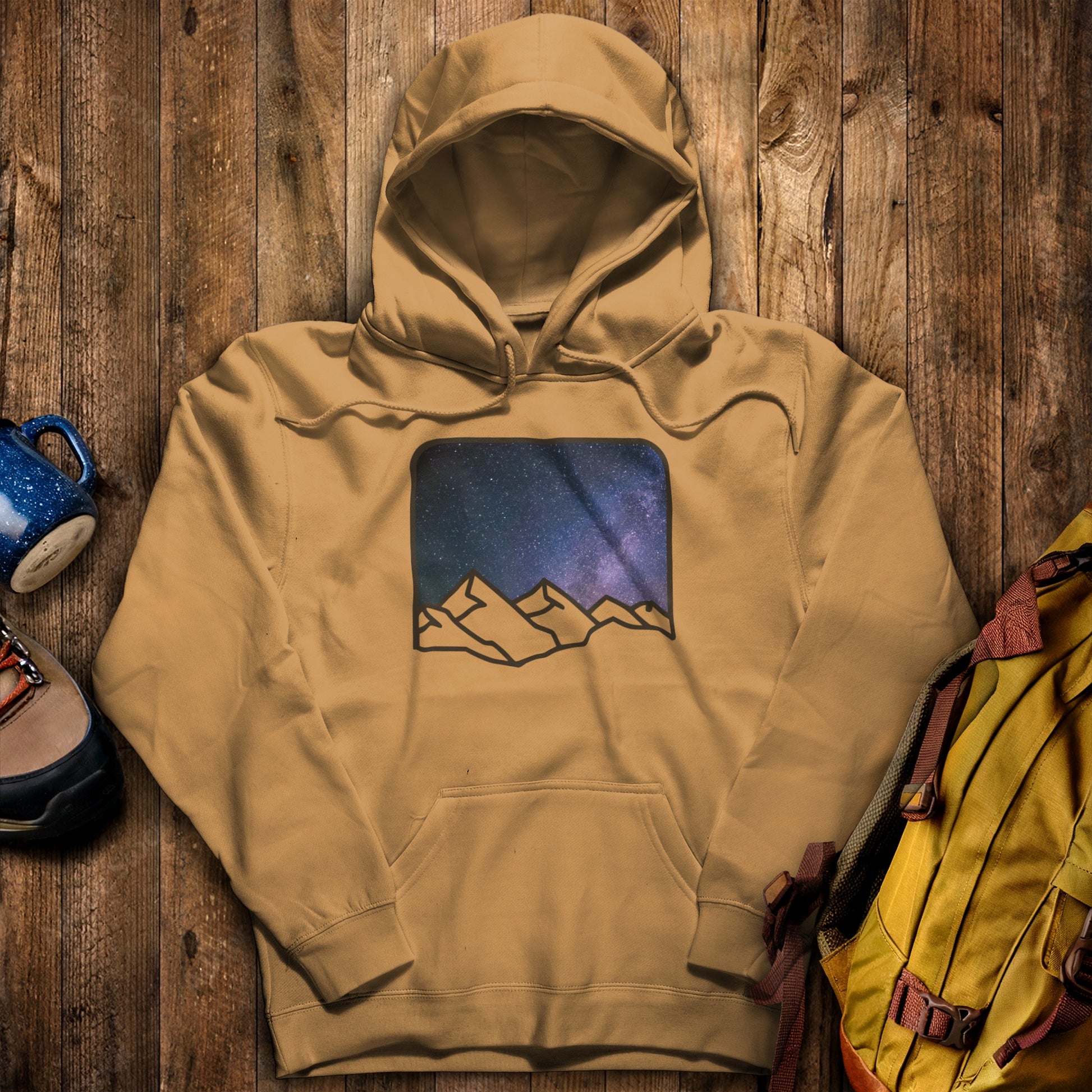 Starry Peaks Hoodie Mustard Adventure and Outdoors Themed Hoodie