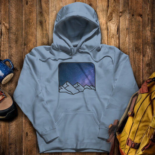 Starry Peaks Hoodie Stone Blue Adventure and Outdoors Themed Hoodie