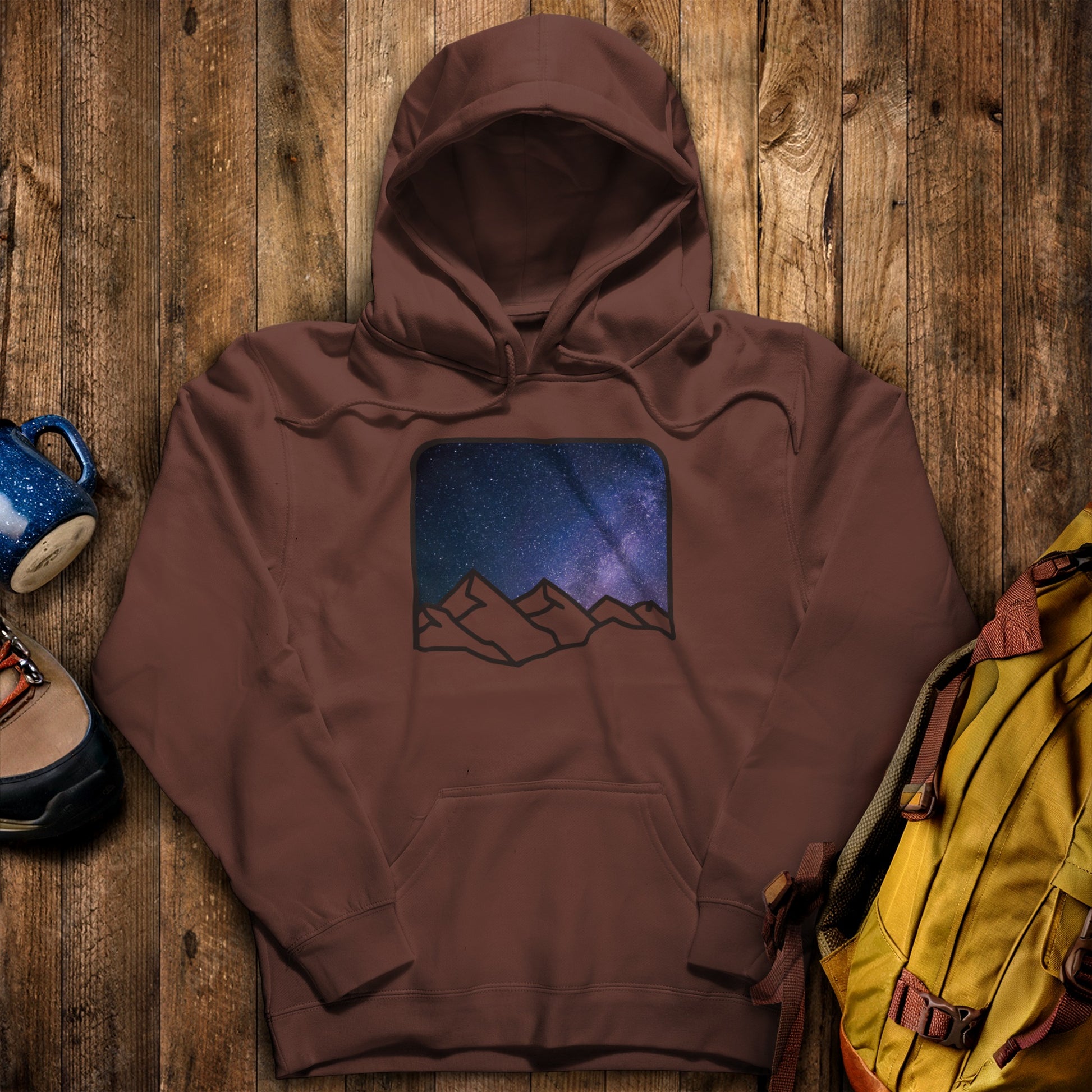 Starry Peaks Hoodie Cocoa Adventure and Outdoors Themed Hoodie
