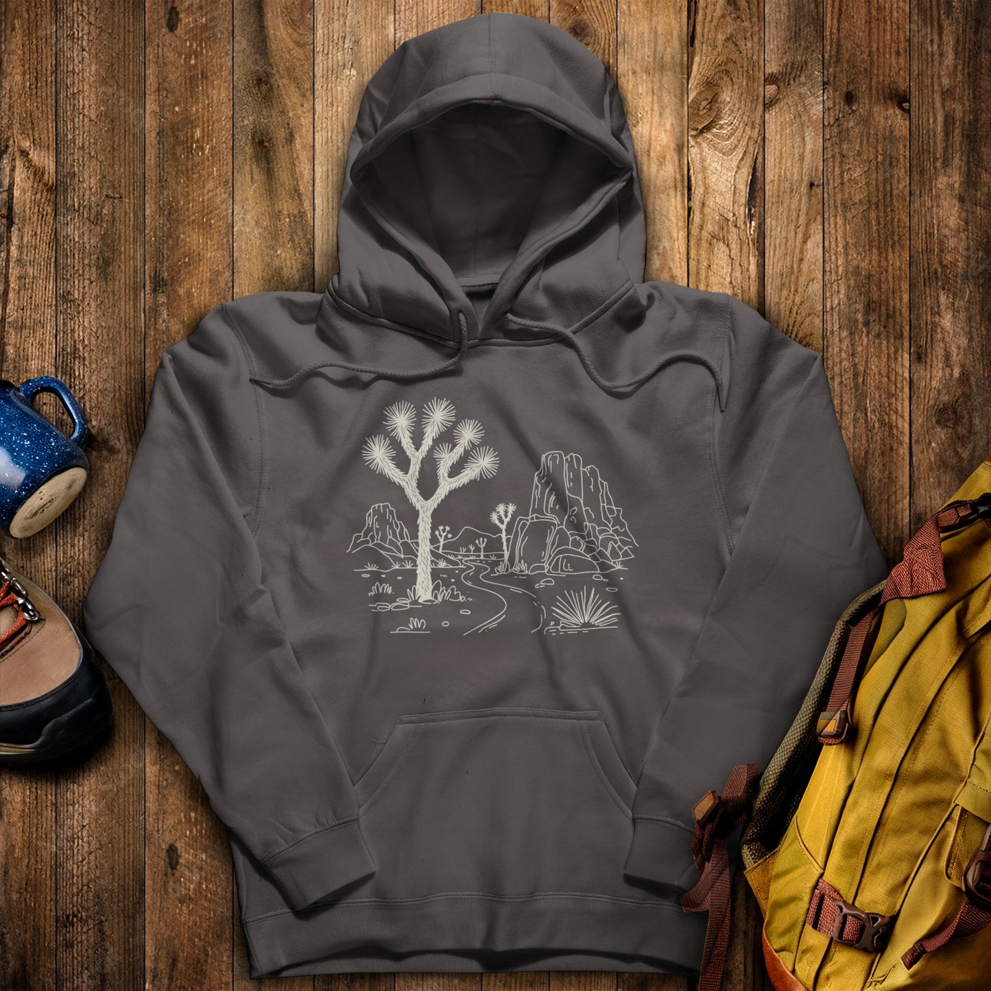 Joshua Tree Doodle Hoodie Charcoal Adventure and Outdoors Themed Hoodie
