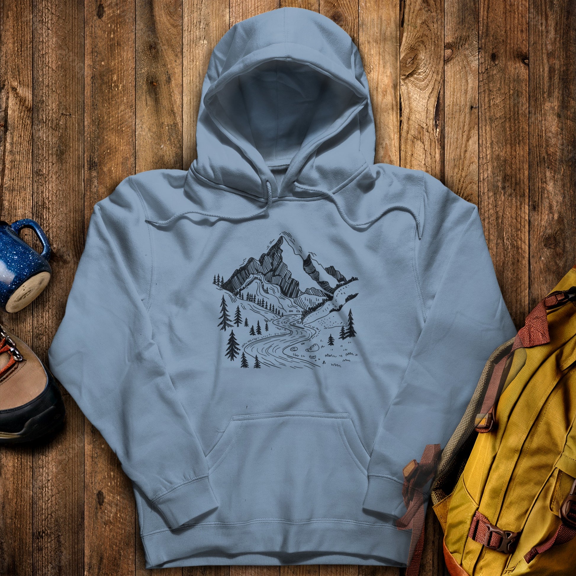 North Cascades Doodle Hoodie Stone Blue Adventure and Outdoors Themed Hoodie