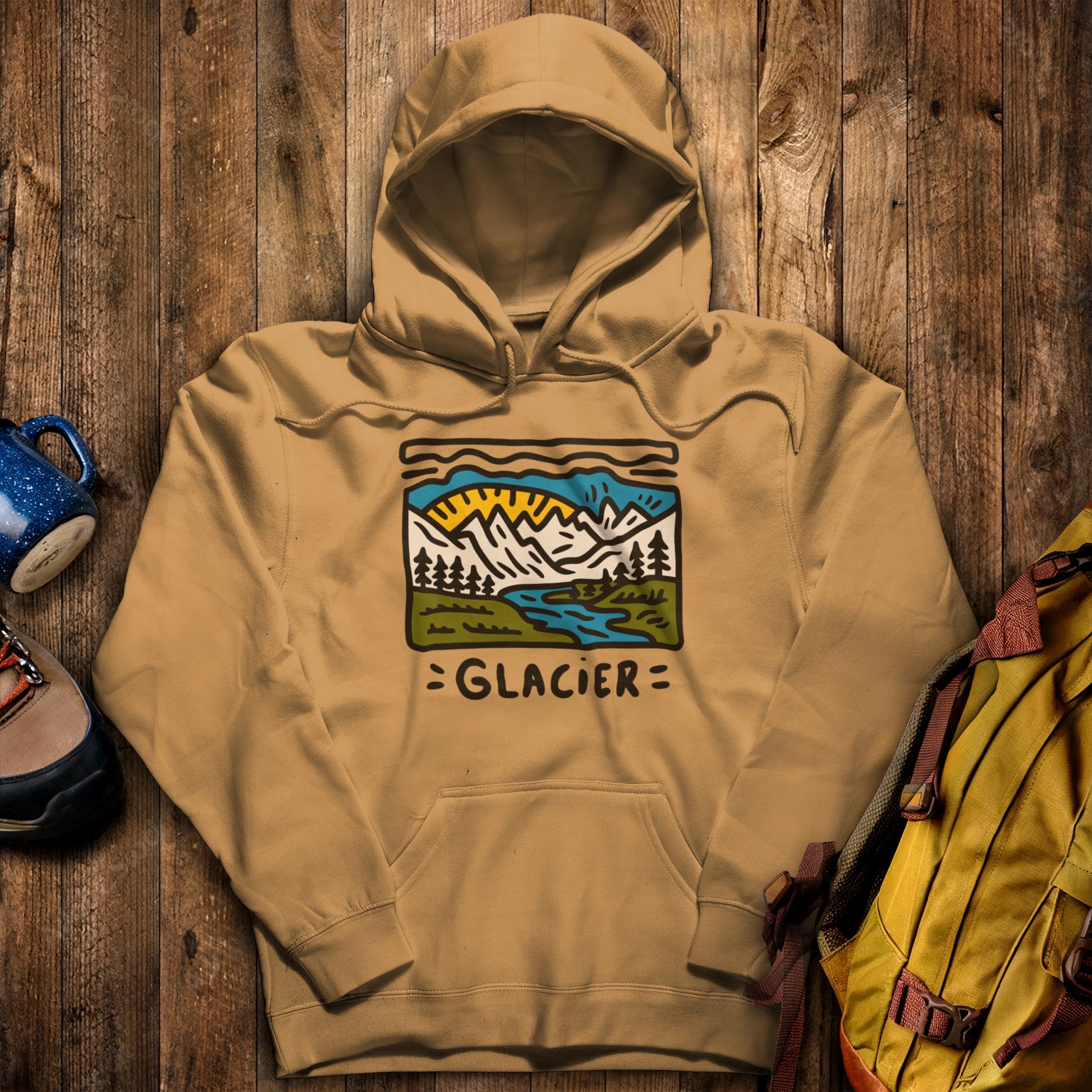 Glacier National Park Hoodie Mustard Adventure and Outdoors Themed Hoodie