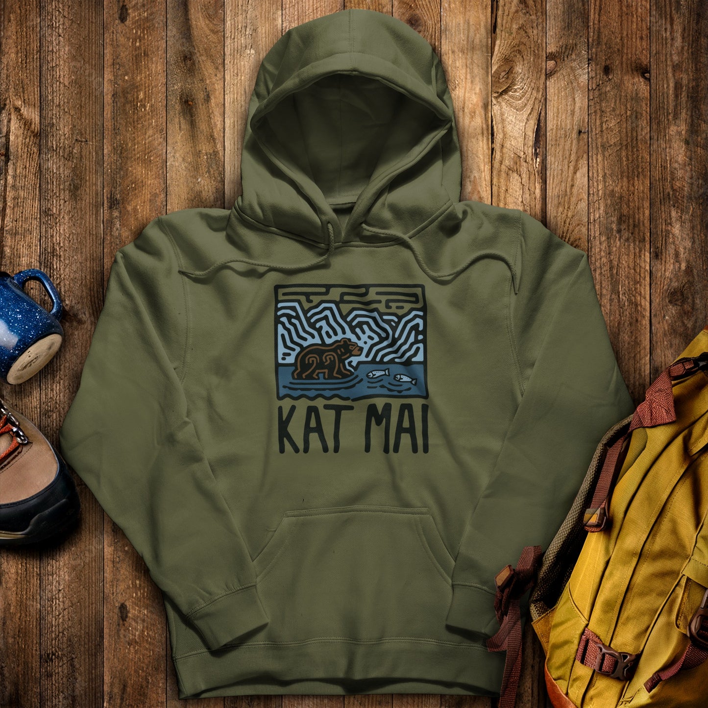 Katmai National Park Hoodie Military Green Adventure and Outdoors Themed Hoodie