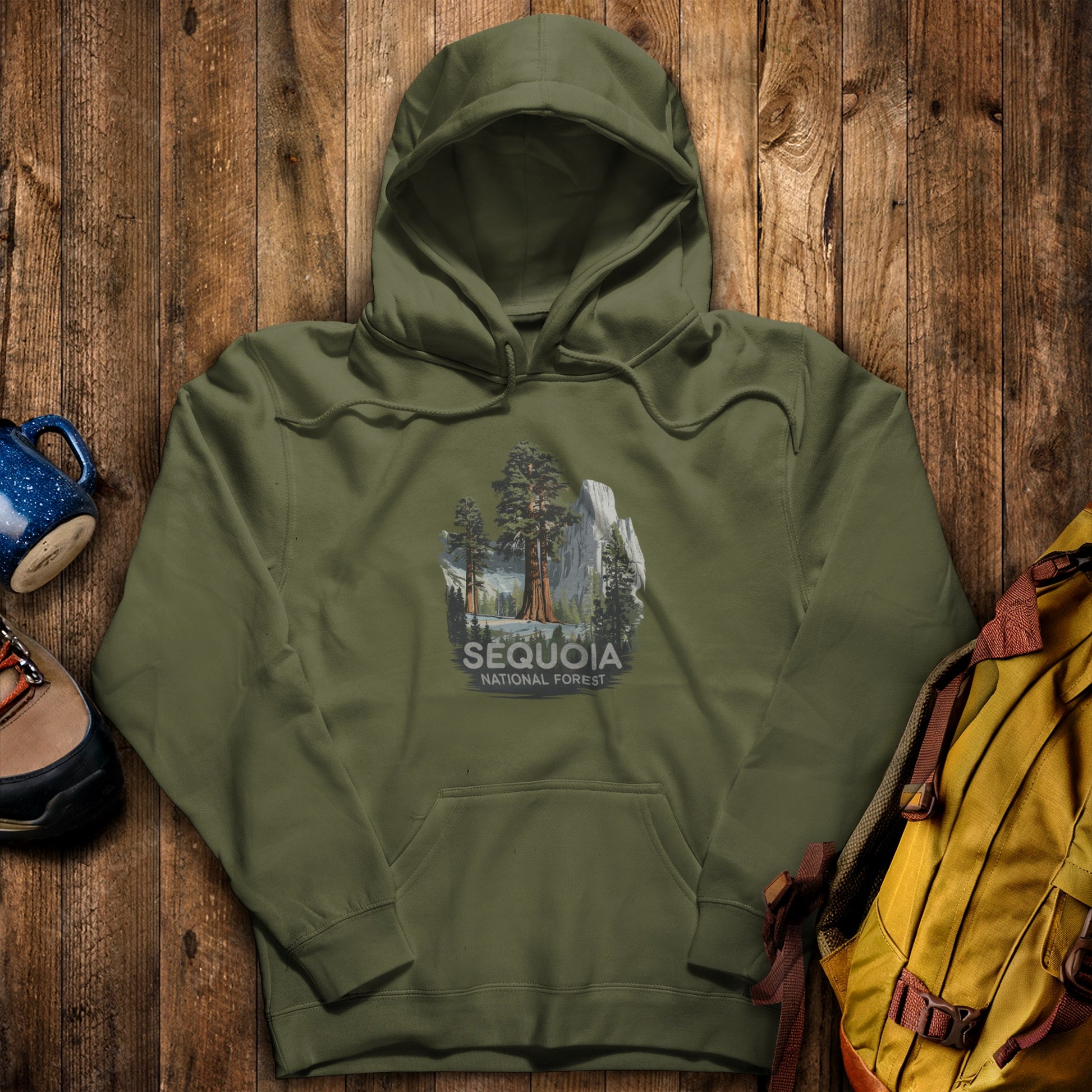 Sequoia National Forest Hoodie Military Green Adventure and Outdoors Themed Hoodie