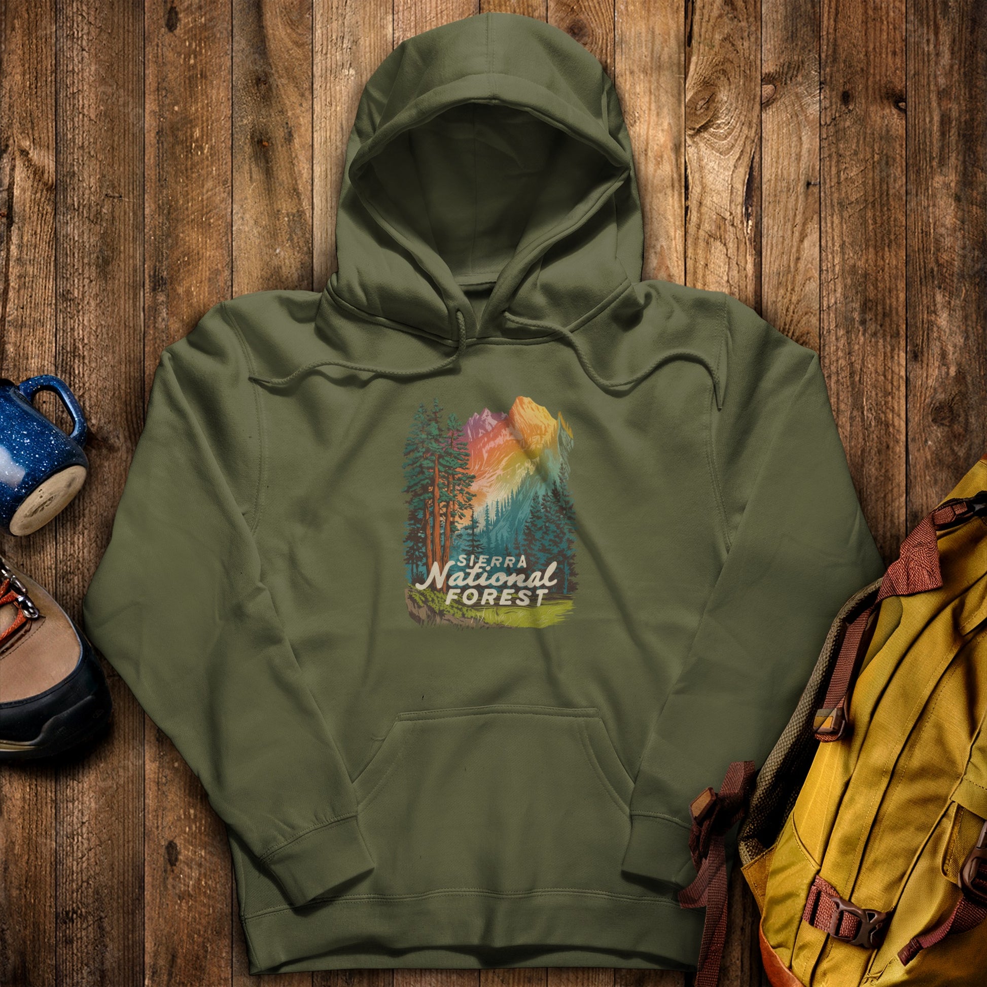 Sierra National Forest Hoodie Military Green Adventure and Outdoors Themed Hoodie