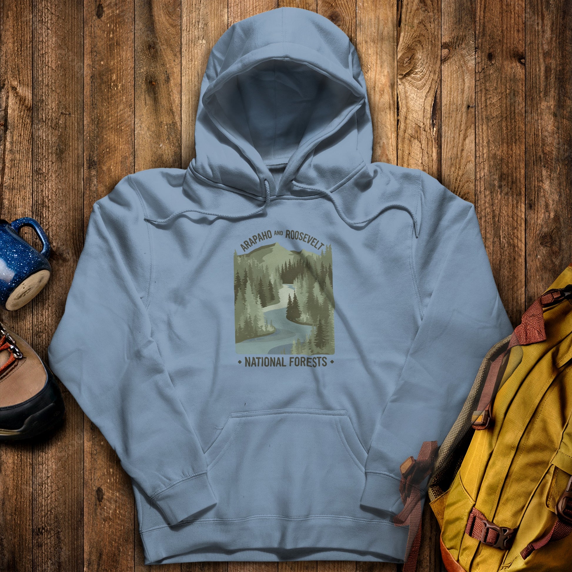 Arapaho and Roosevelt National Forests Hoodie Stone Blue Adventure and Outdoors Themed Hoodie
