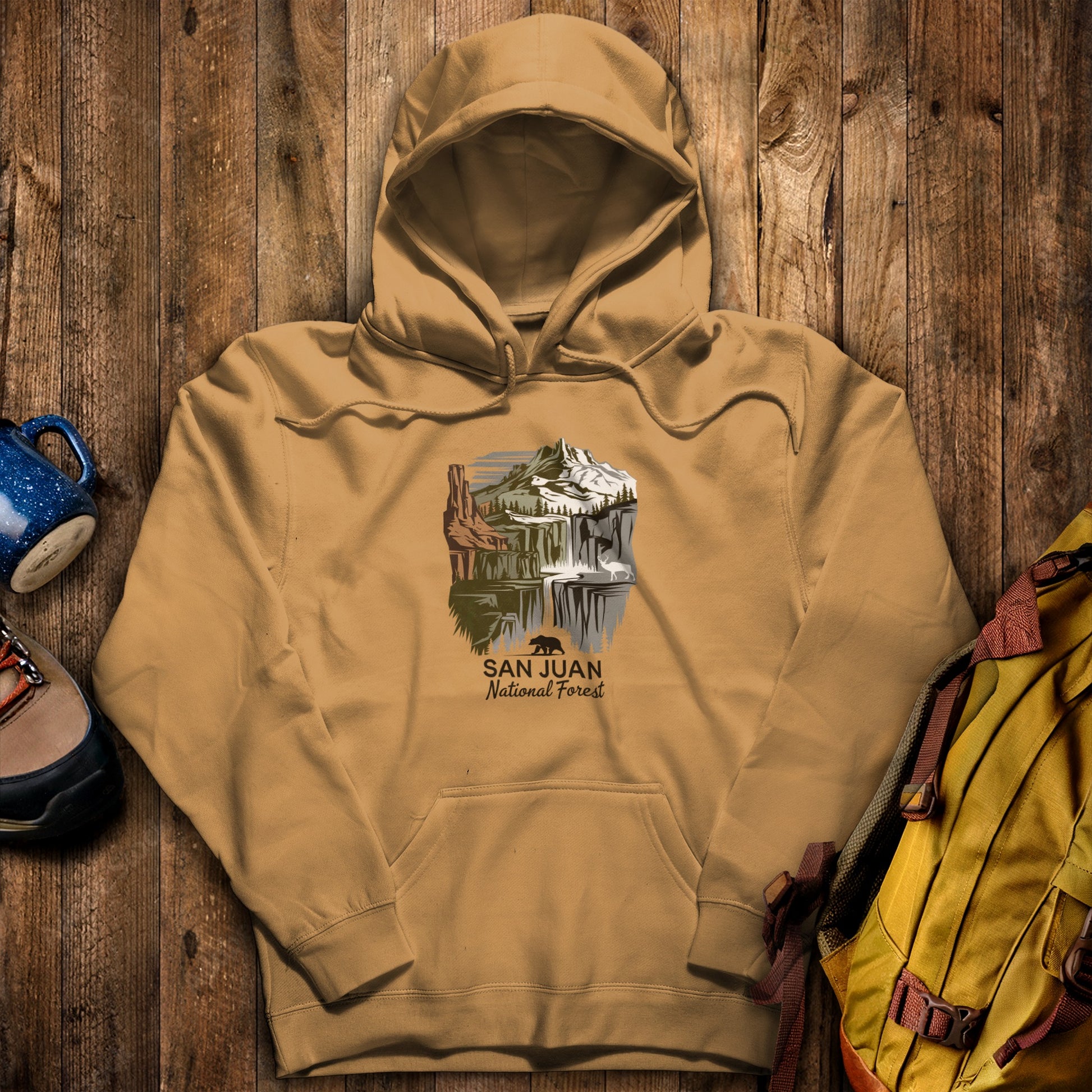 San Juan National Forest Hoodie Mustard Adventure and Outdoors Themed Hoodie