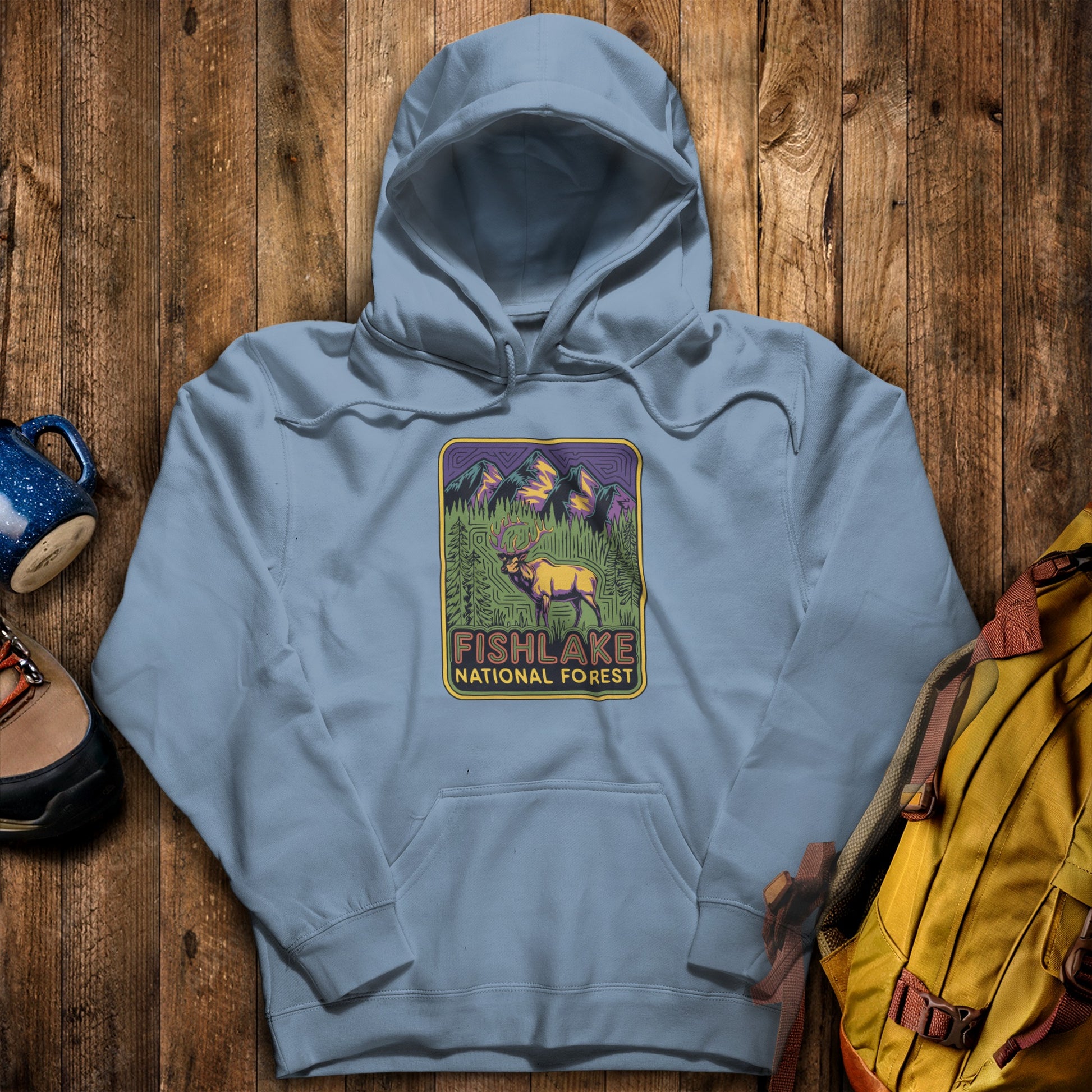 Fishlake National Forest Elk Hoodie Stone Blue Adventure and Outdoors Themed Hoodie