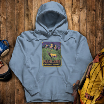 Fishlake National Forest Elk Hoodie Stone Blue Adventure and Outdoors Themed Hoodie