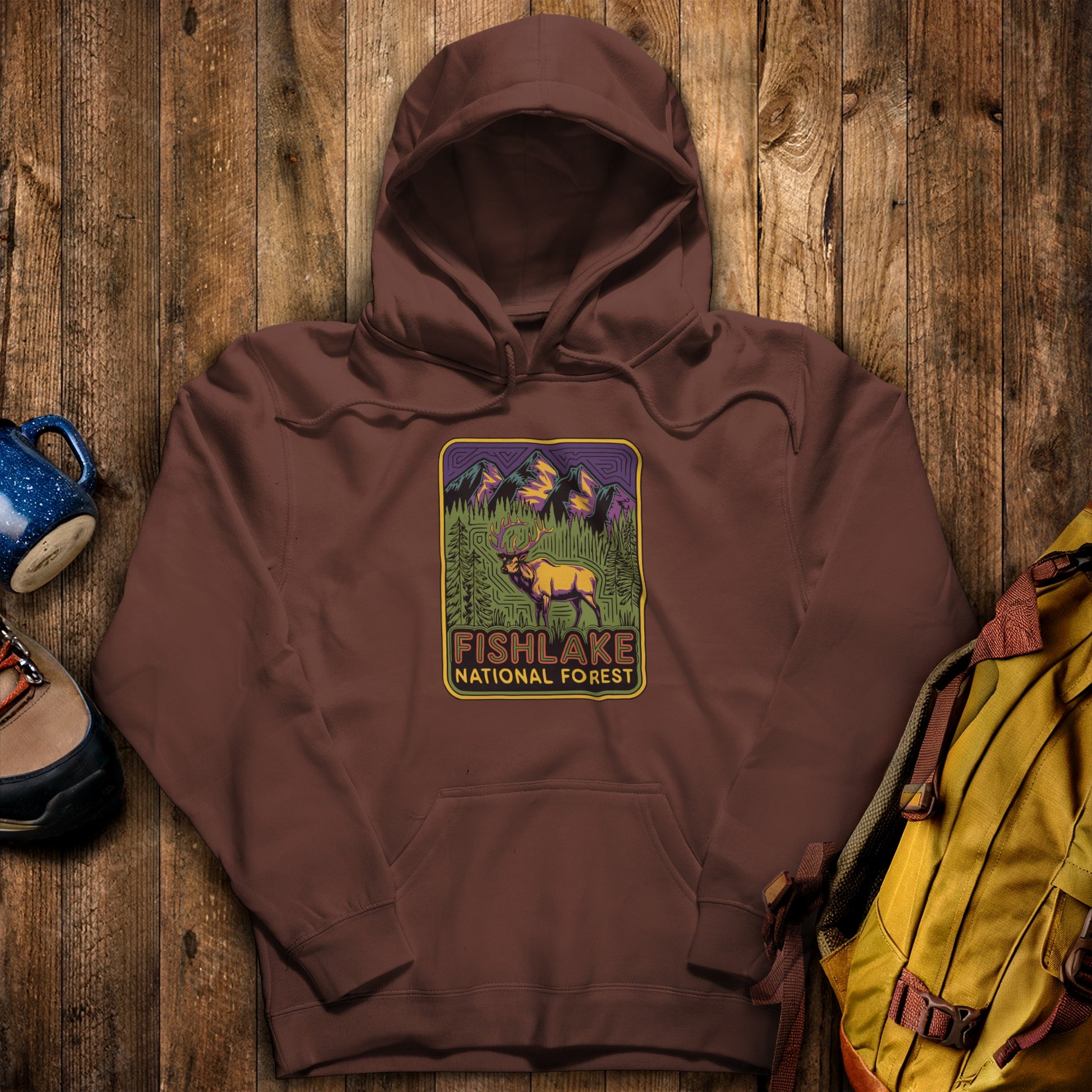 Fishlake National Forest Elk Hoodie Cocoa Adventure and Outdoors Themed Hoodie