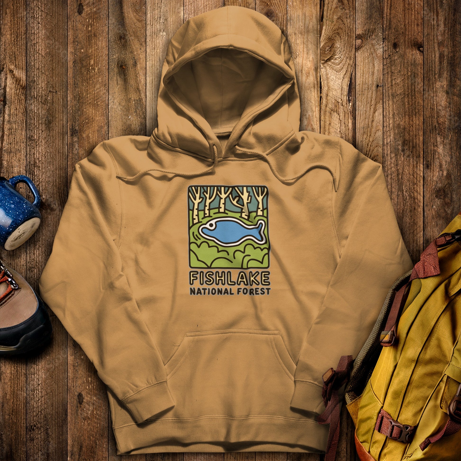 Fishlake National Forest Hoodie Mustard Adventure and Outdoors Themed Hoodie