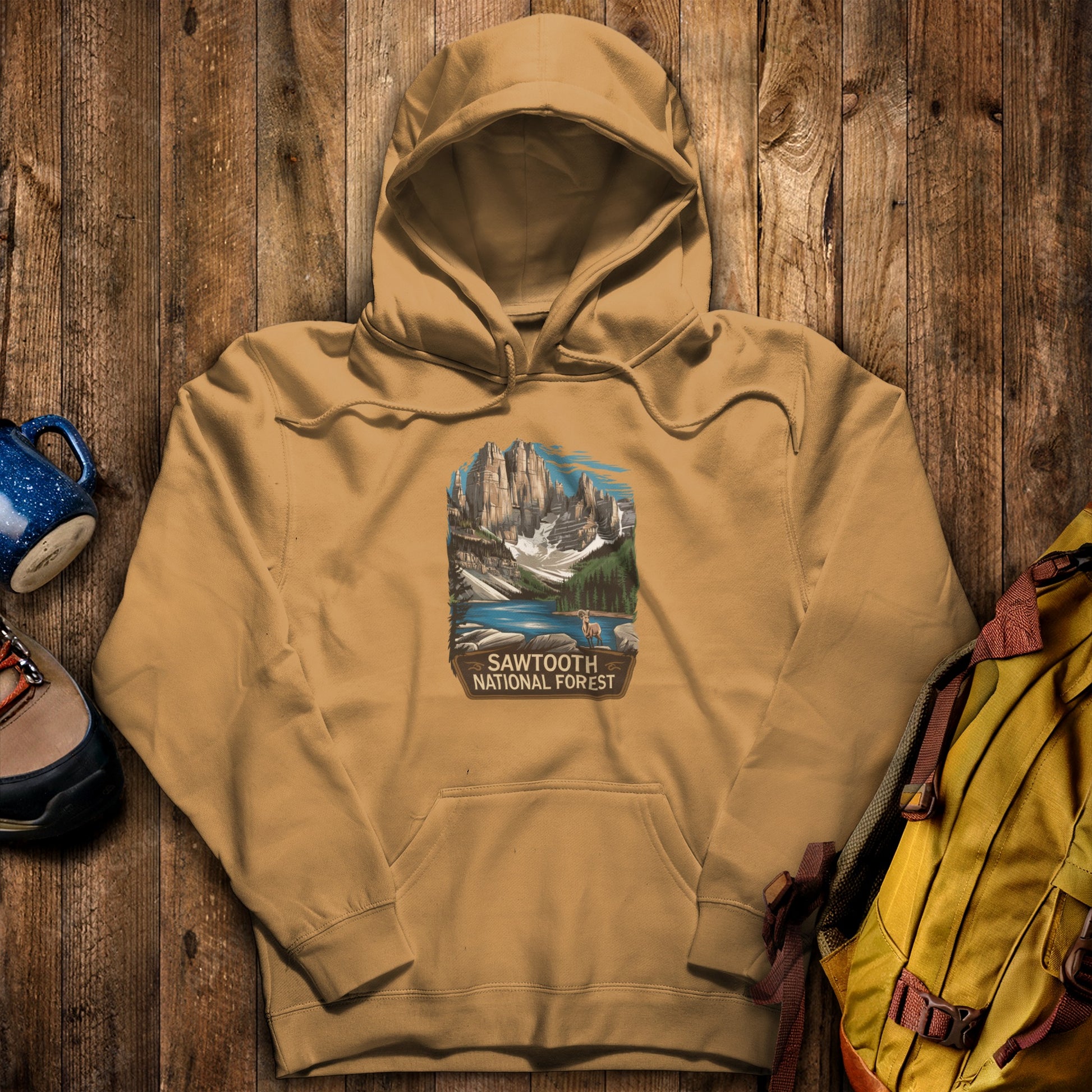 Sawtooth National Forest Hoodie Mustard Adventure and Outdoors Themed Hoodie