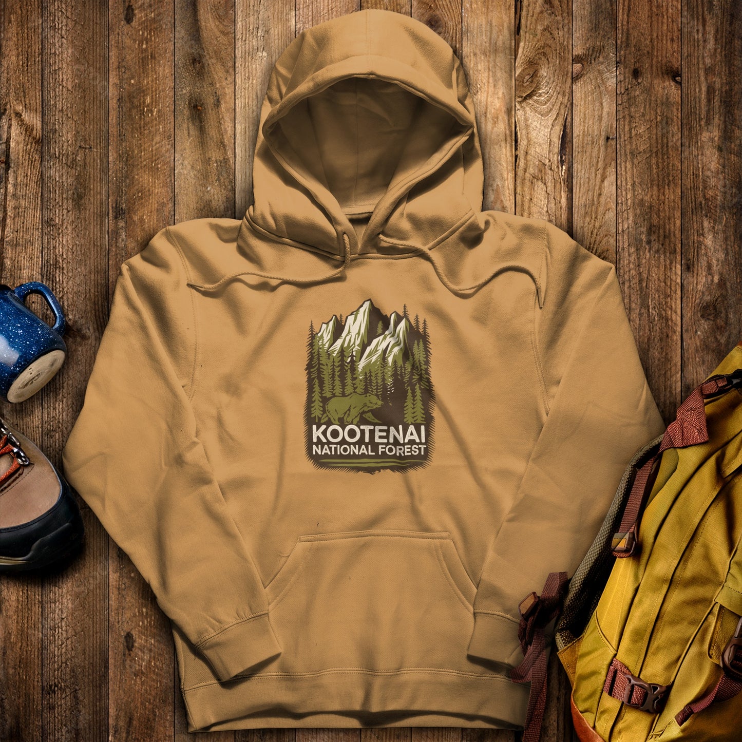 Kootenai National Forest Hoodie Mustard Adventure and Outdoors Themed Hoodie