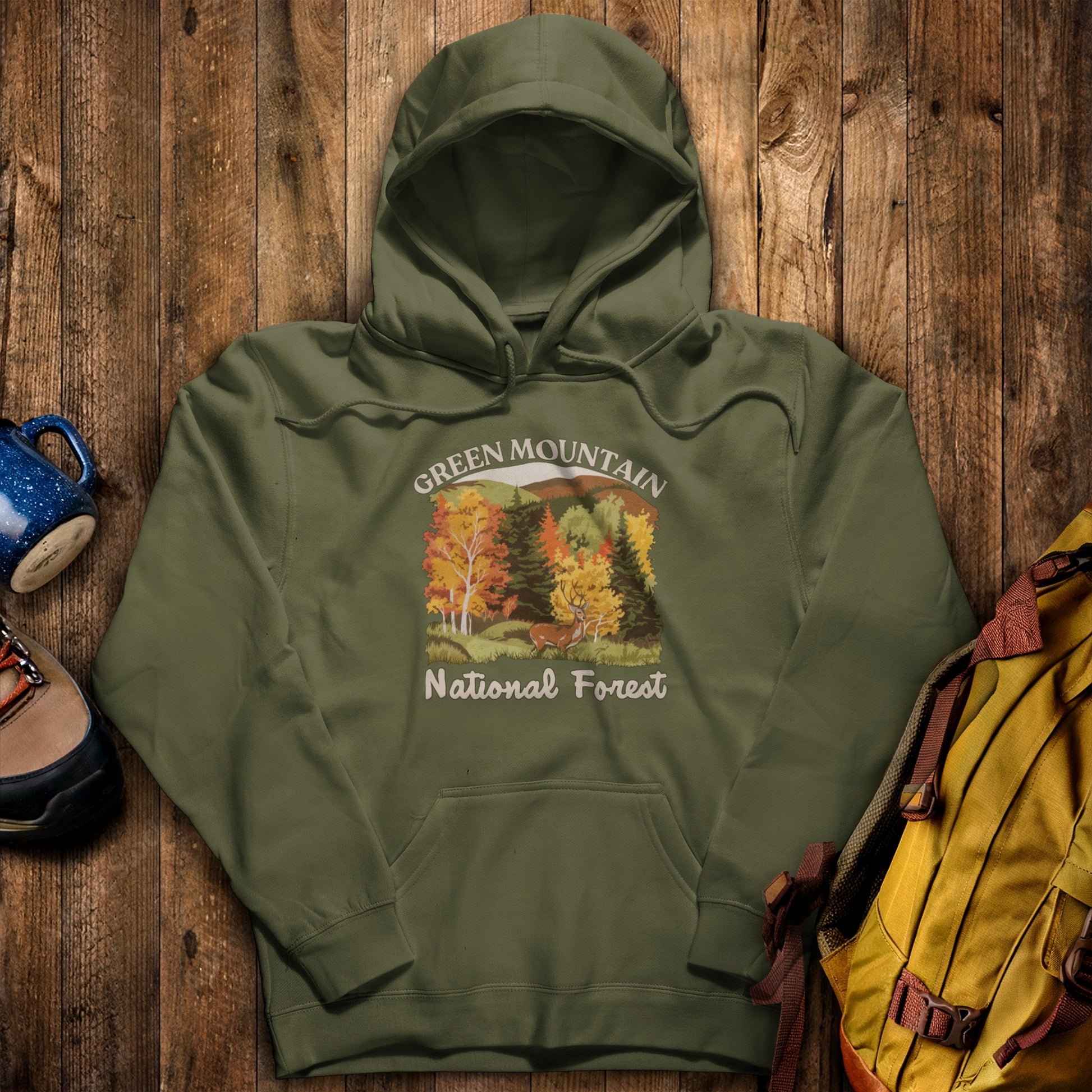 Green Mountain National Forest Hoodie Military Green Adventure and Outdoors Themed Hoodie