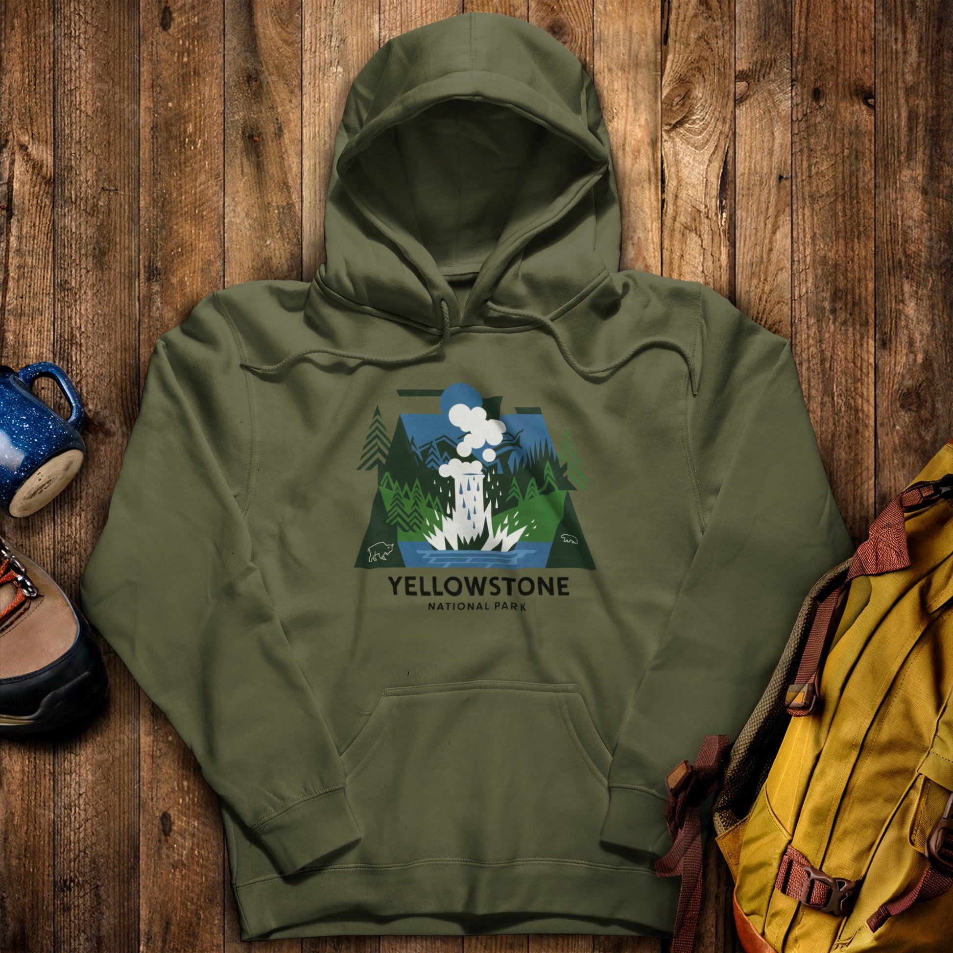 Yellowstone National Park Hoodie Military Green Adventure and Outdoors Themed Hoodie