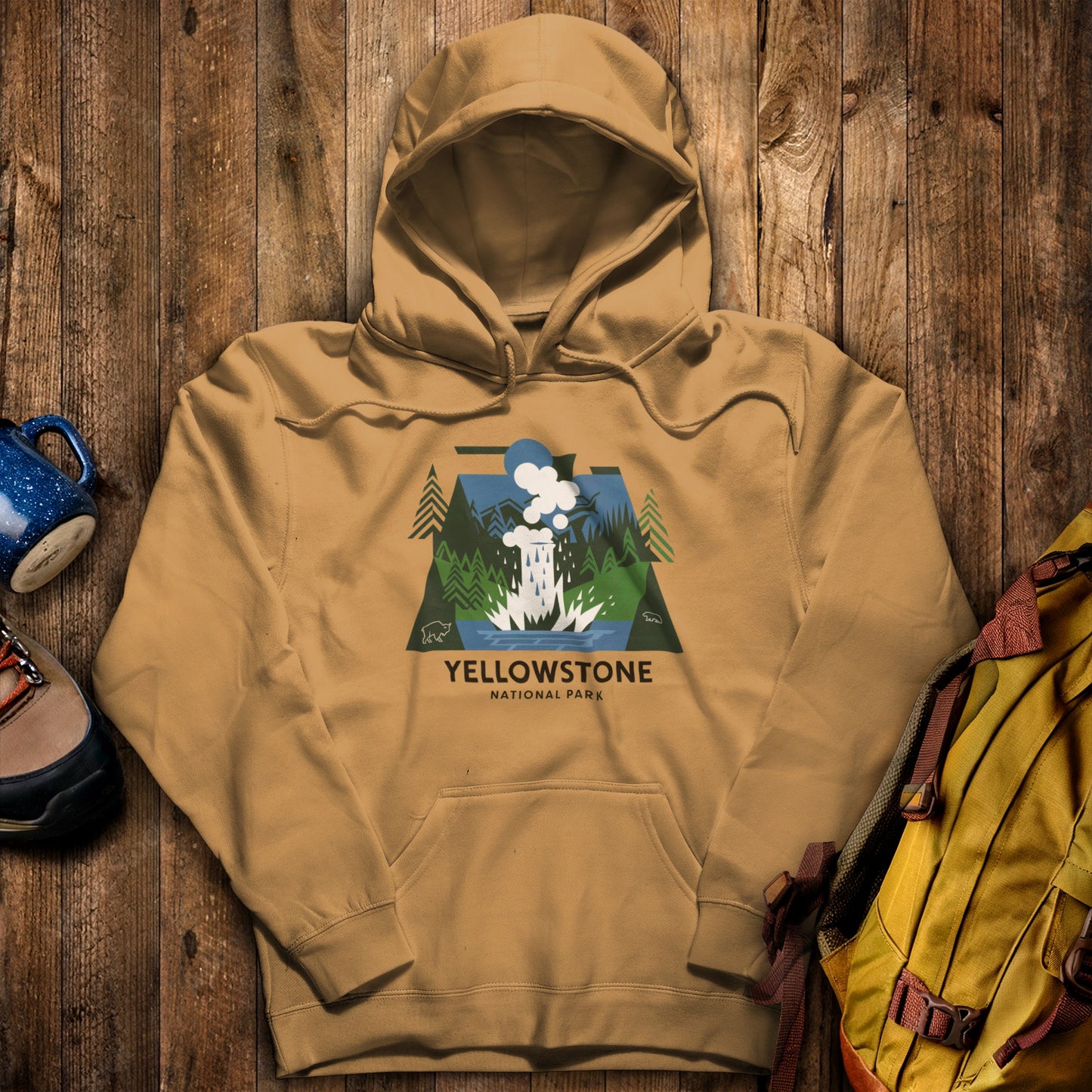 Yellowstone National Park Hoodie Mustard Adventure and Outdoors Themed Hoodie