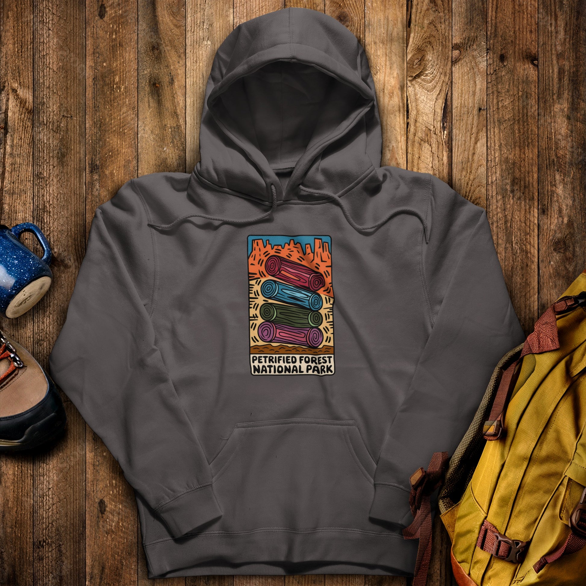 Petrified Forest National Park Logs Hoodie Charcoal Adventure and Outdoors Themed Hoodie