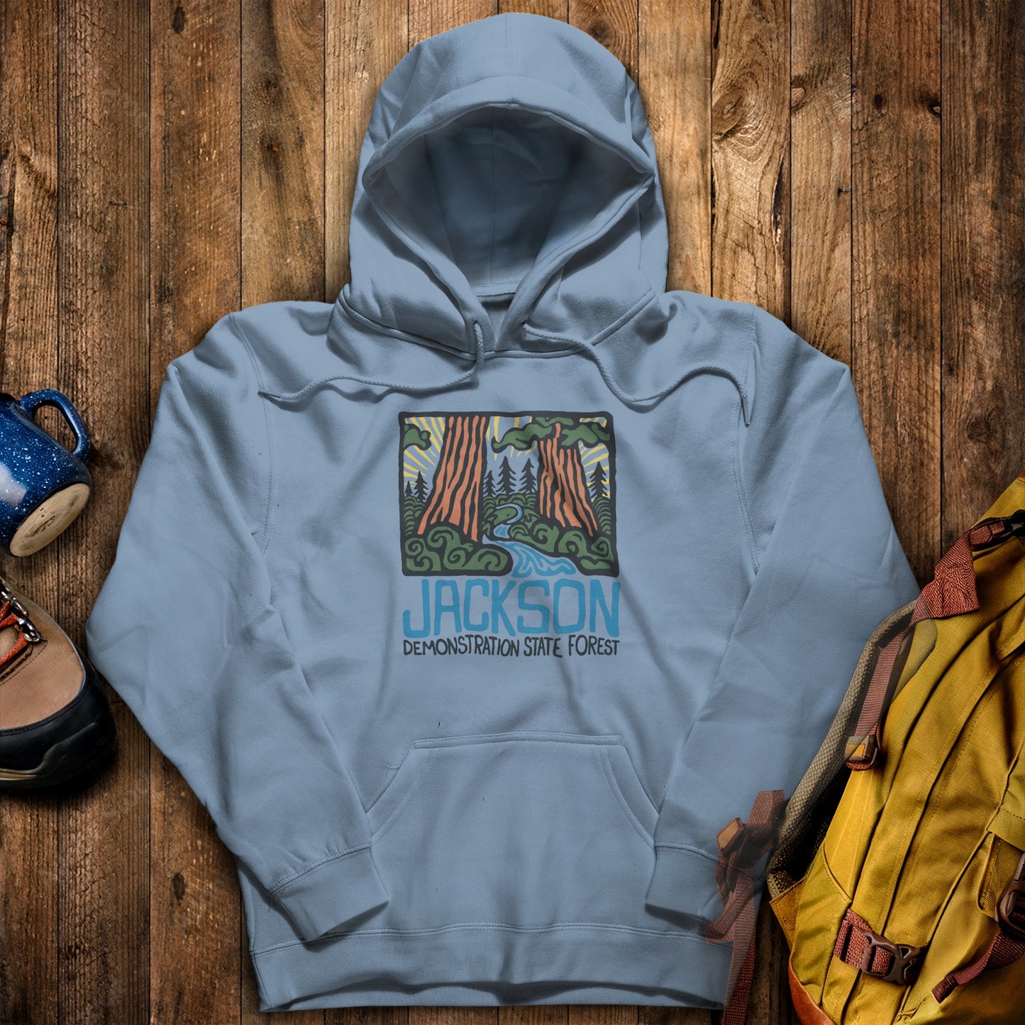 Jackson Demonstration State Forest Hoodie Stone Blue Adventure and Outdoors Themed Hoodie