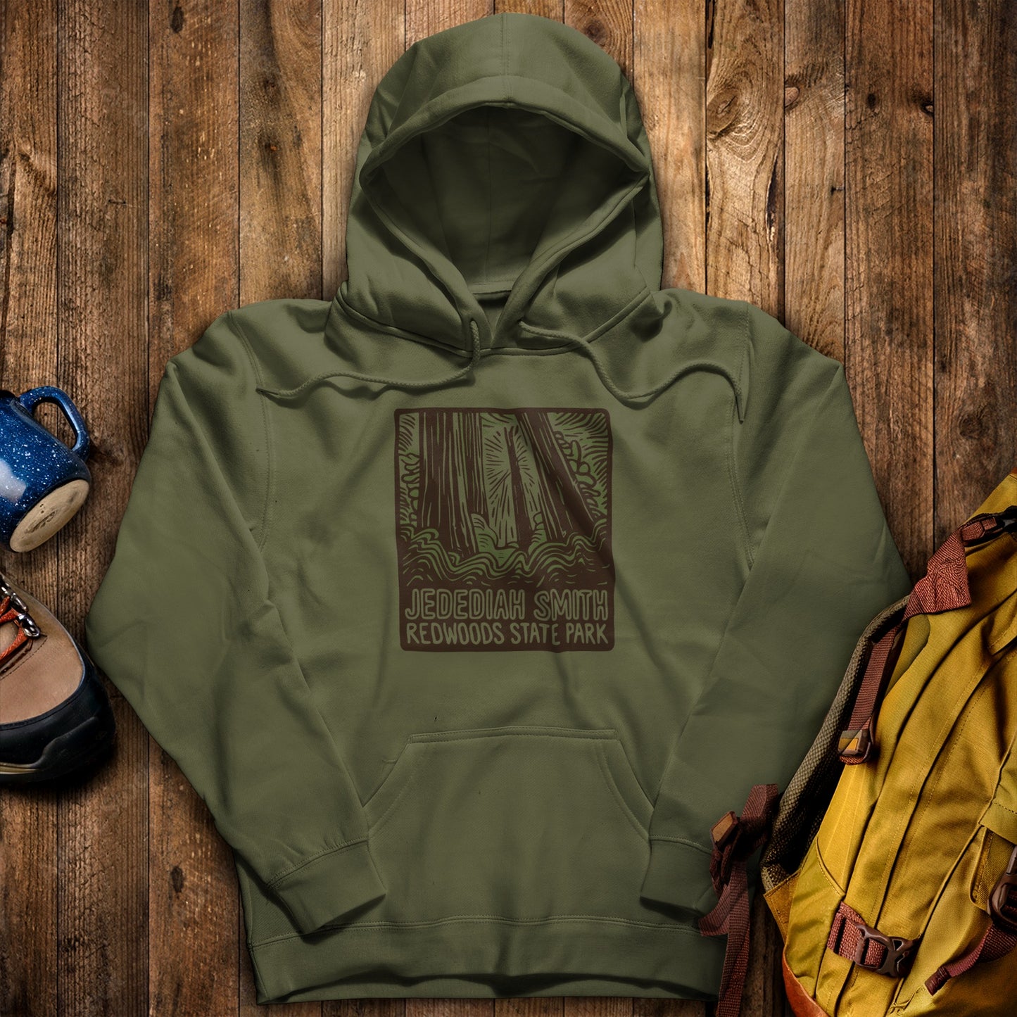 Jedediah Smith Redwoods State Park Hoodie Military Green Adventure and Outdoors Themed Hoodie