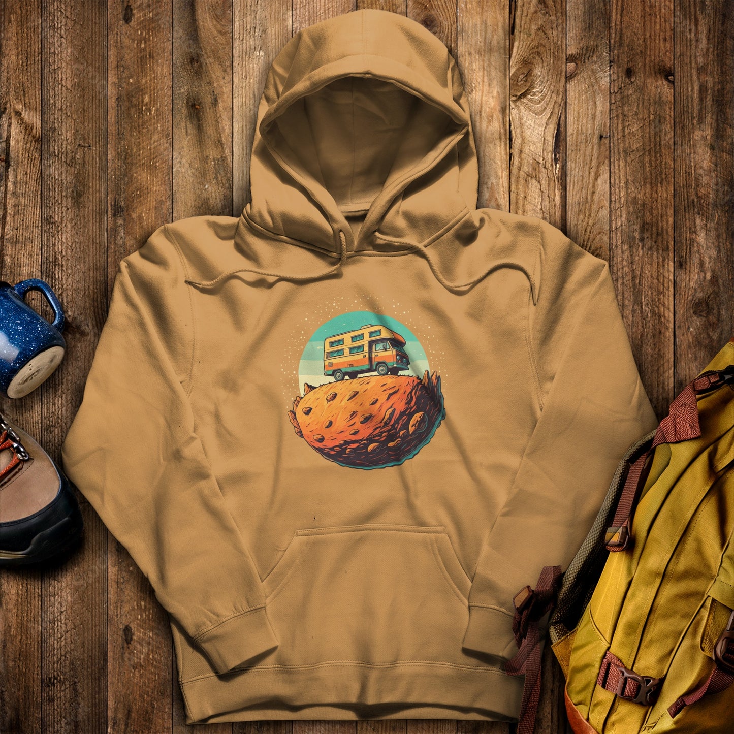 Camper Tiny Planet Hoodie Mustard Adventure and Outdoors Themed Hoodie