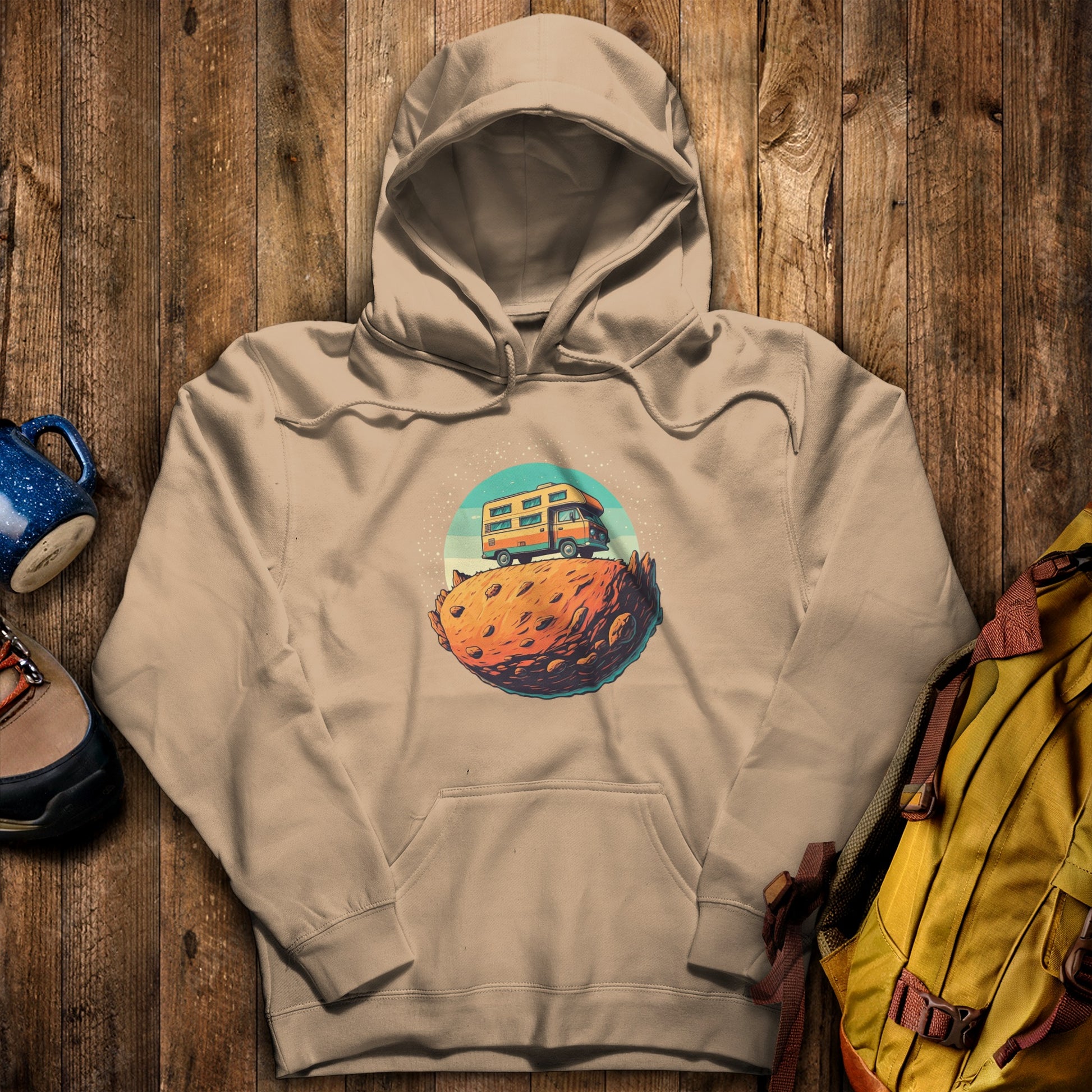 Camper Tiny Planet Hoodie Sand Adventure and Outdoors Themed Hoodie