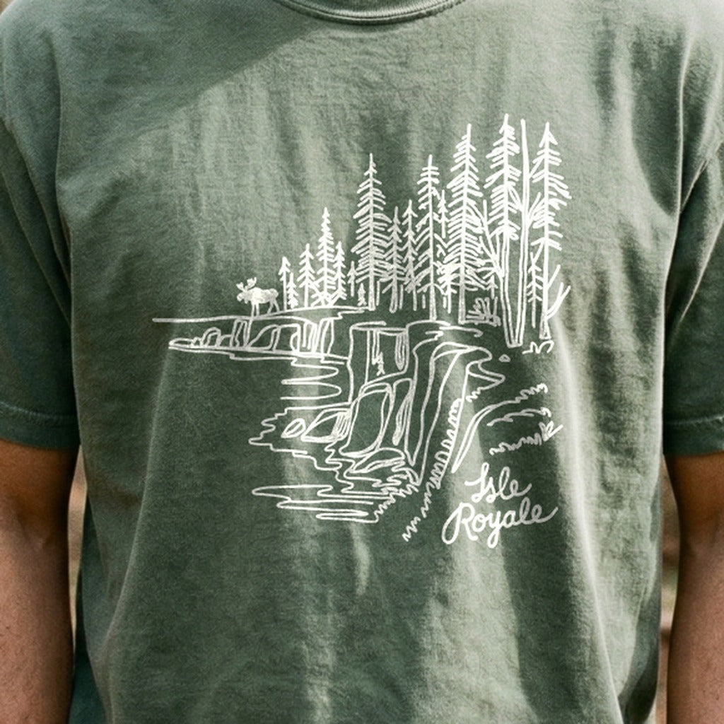 Isle Royale Line Drawing Cotton T-Shirt