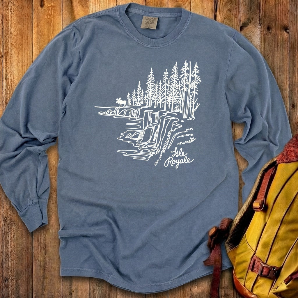Isle Royale Line Drawing Cotton Long Sleeve