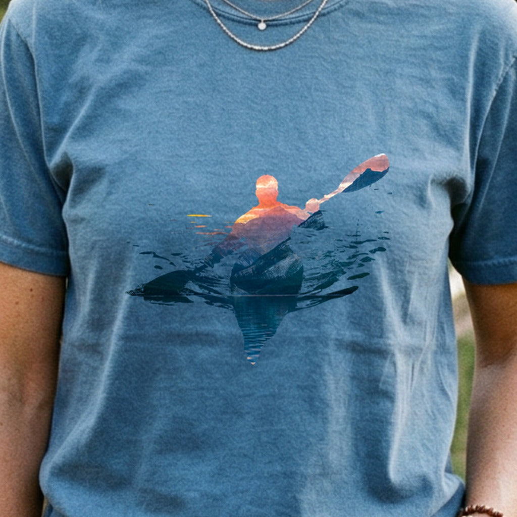 Kayak Mountain Silhouette Cotton T-Shirt