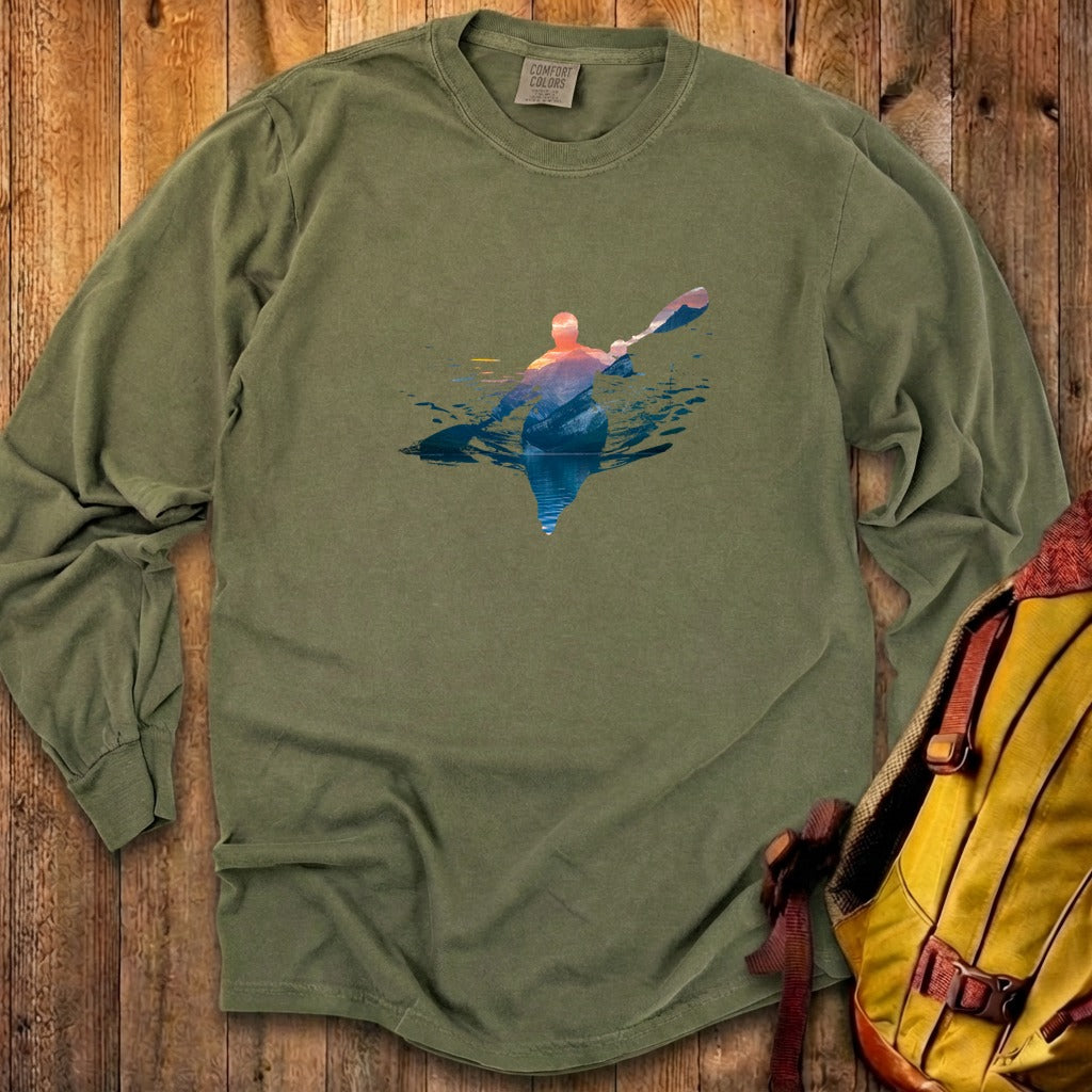 Kayak Mountain Silhouette Cotton Long Sleeve